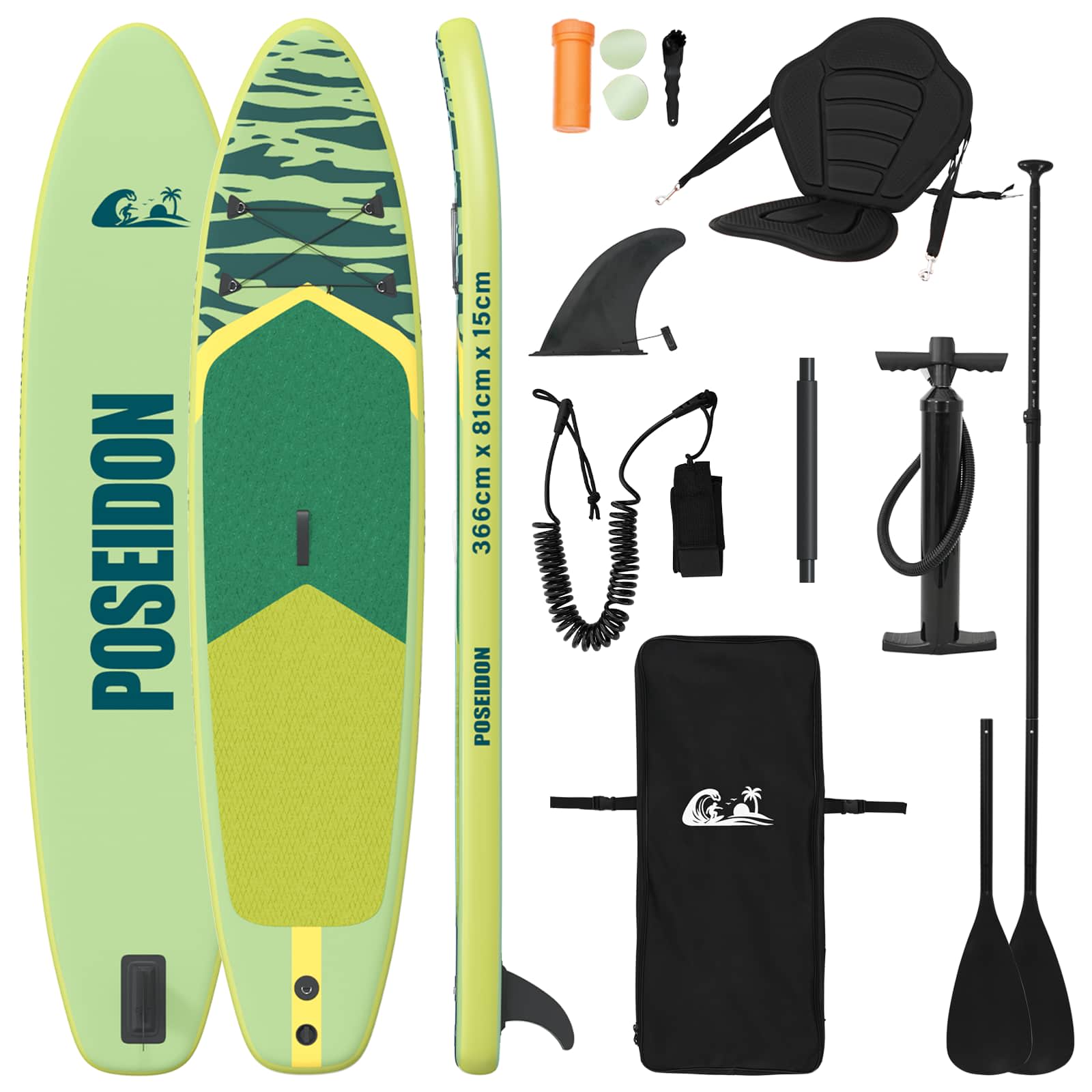 SUP Board con Seggiolino 2-in-1 POSEIDON 366 x 81 x 15 cm Verde