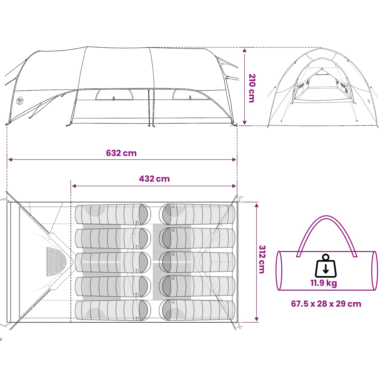 Tenda a tunnel con copertura impermeabile 10 persona Verde