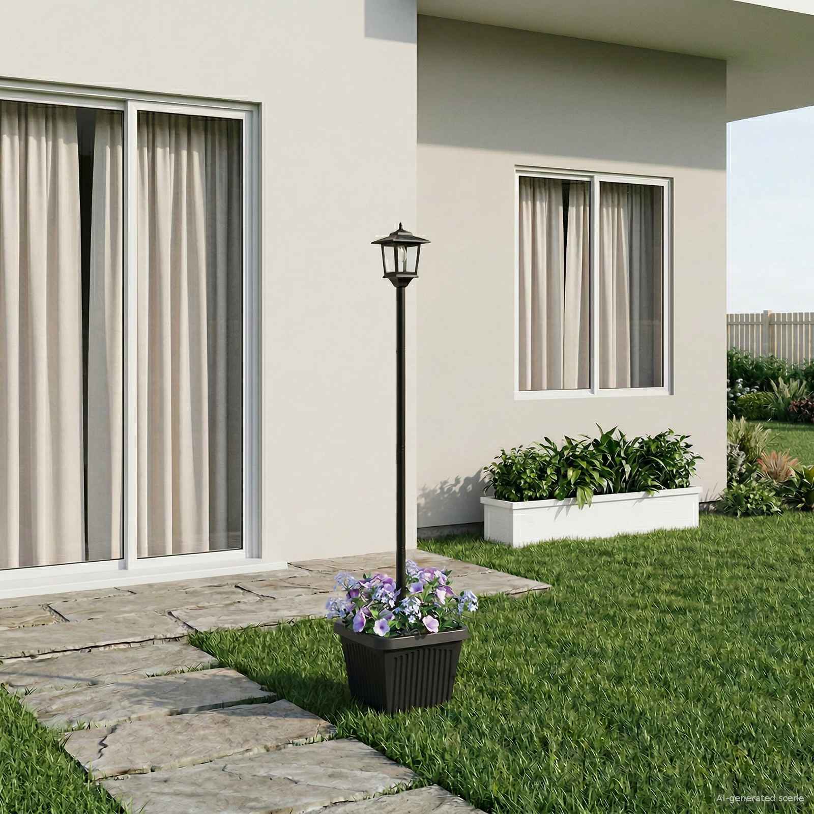 Lampione solare con fioriera Nero 32 x 32 x 158 cm