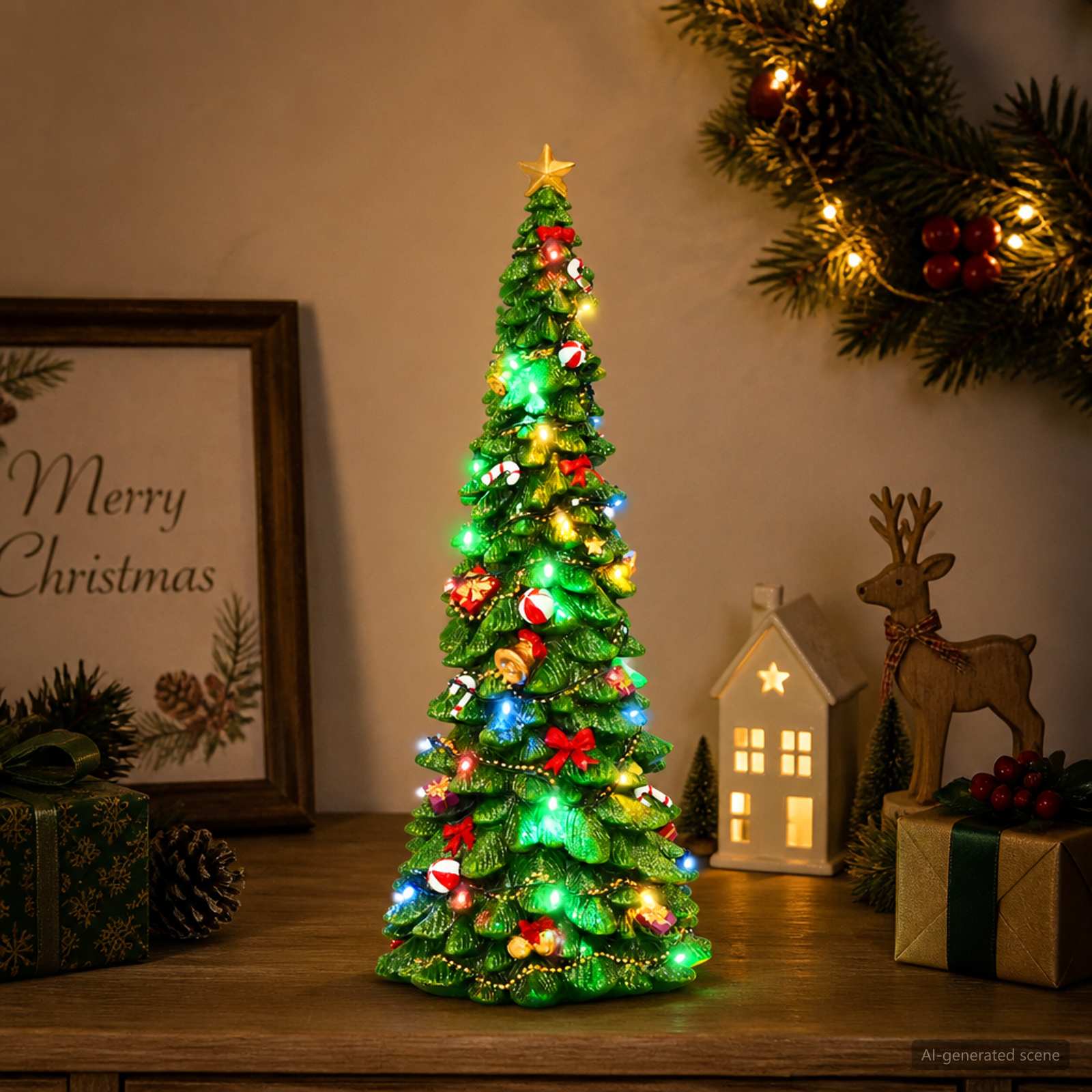 Albero di Natale con luci SALO 16,5 x 15,5 x 40 cm Resina Verde