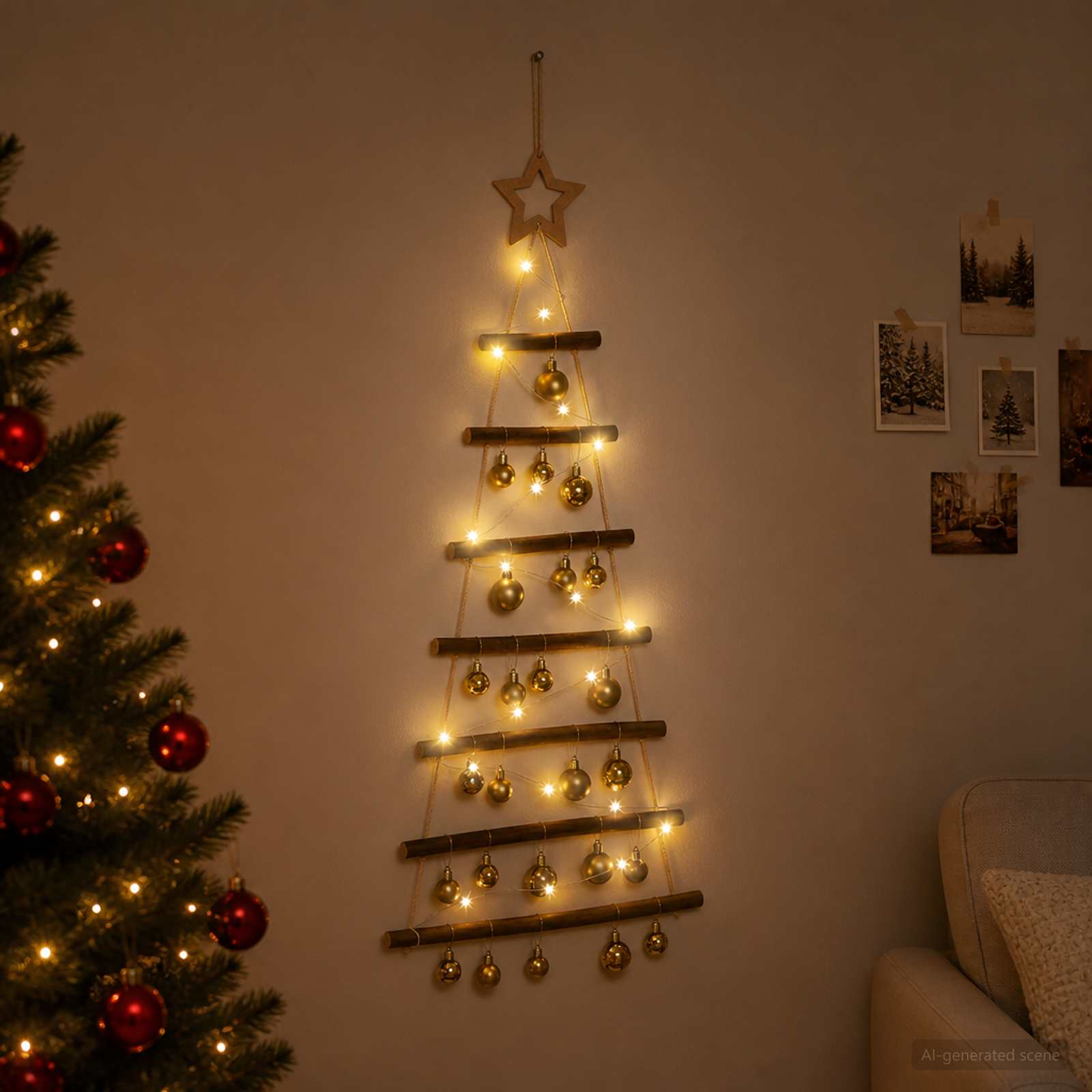 Albero di Natale appeso con palle 90 cm 30 LED Bianco caldo