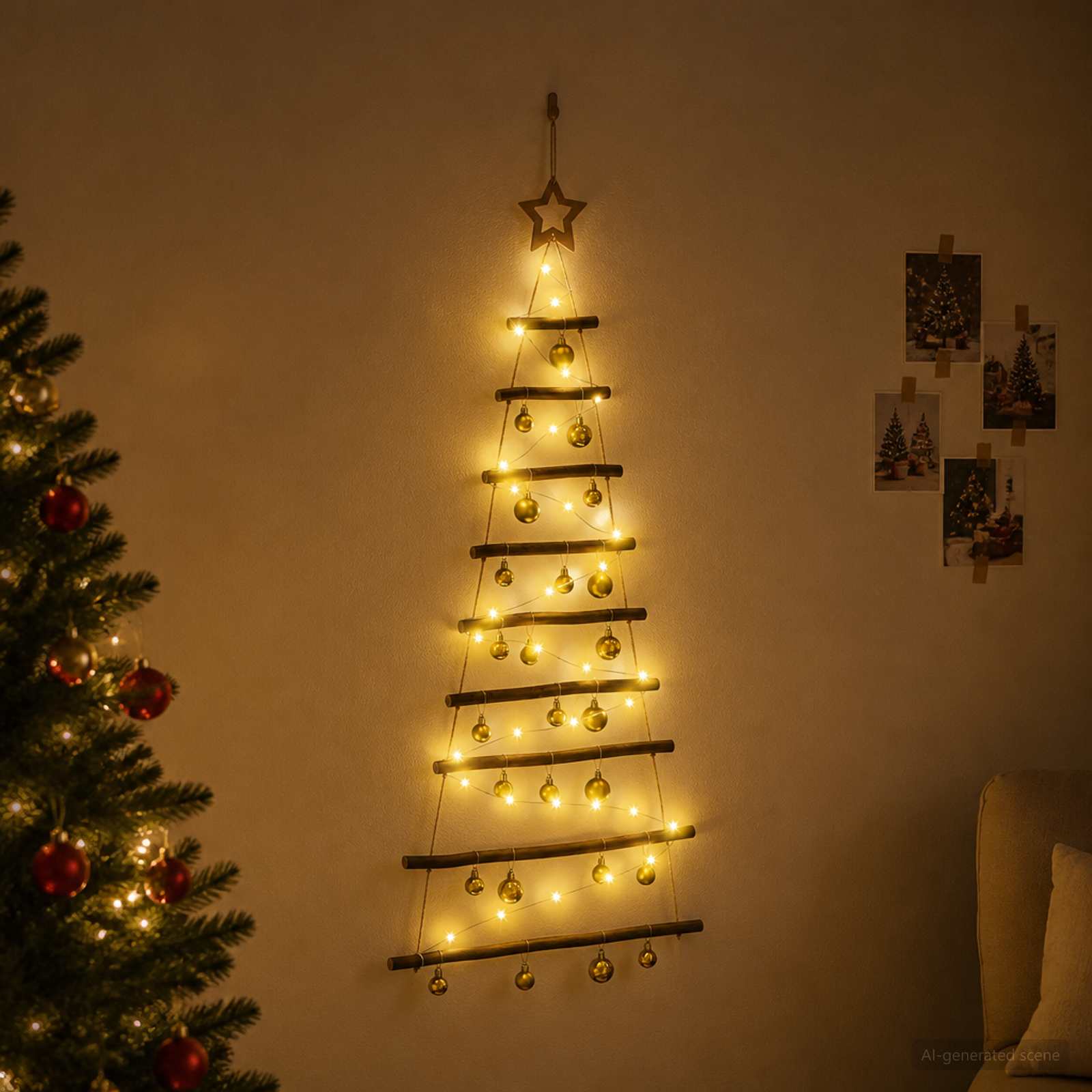 Albero di Natale appeso con palle 120 cm 50 LED Bianco caldo