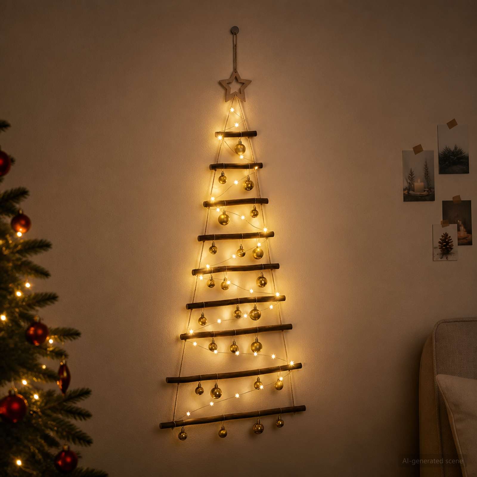 Albero di Natale appeso con palle 120 cm 50 LED Bianco caldo