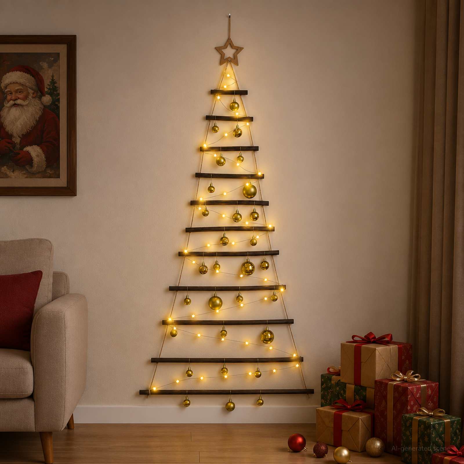 Albero di Natale appeso con palle 150 cm 80 LED Bianco caldo