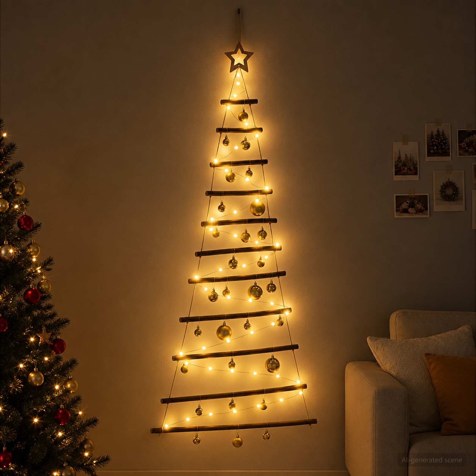 Albero di Natale appeso con palle 150 cm 80 LED Bianco caldo