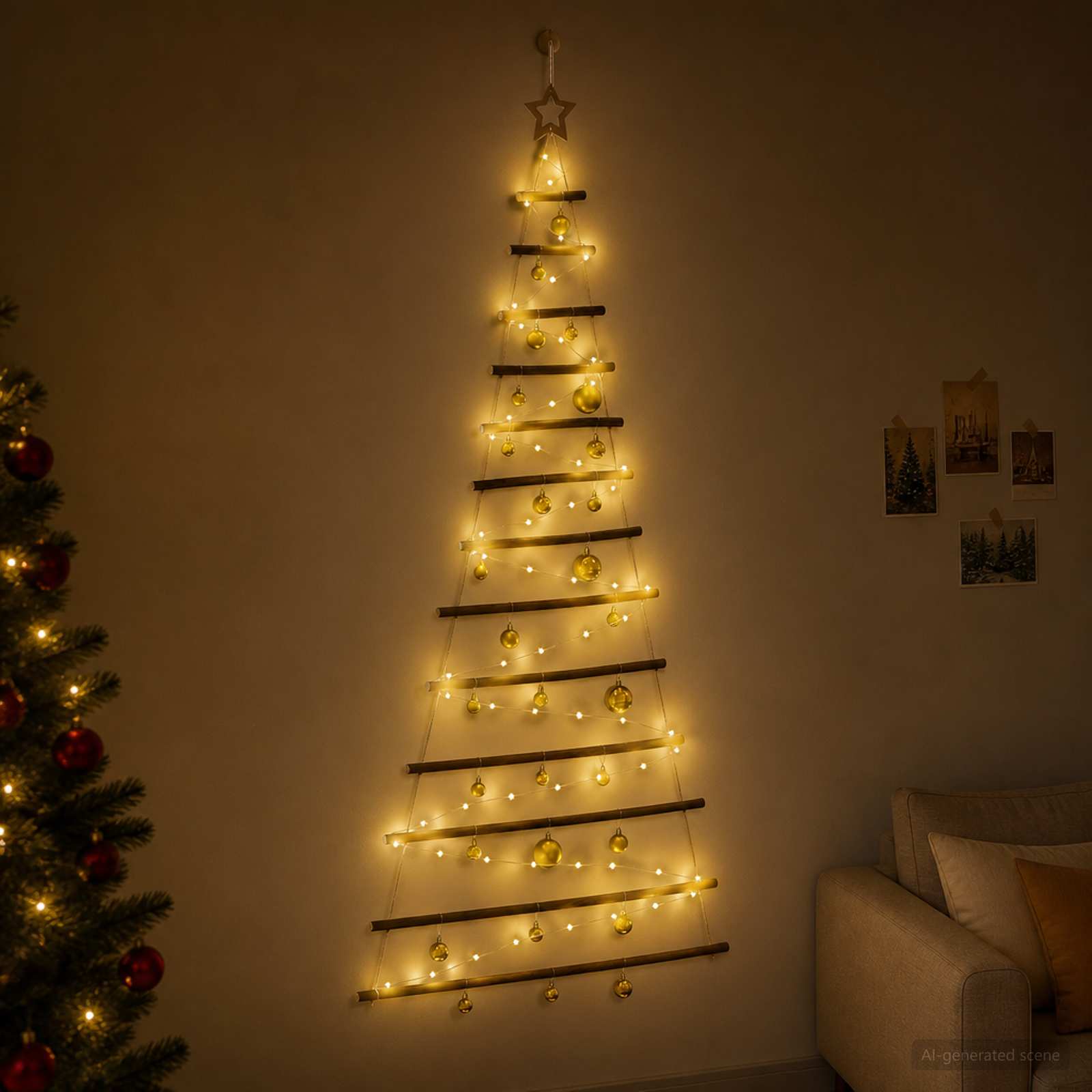 Albero di Natale appeso con palle 180 cm 100 LED Bianco caldo