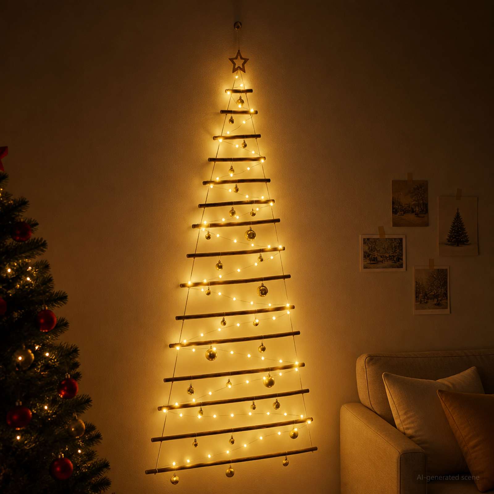 Albero di Natale appeso con palle 210 cm 130 LED Bianco caldo