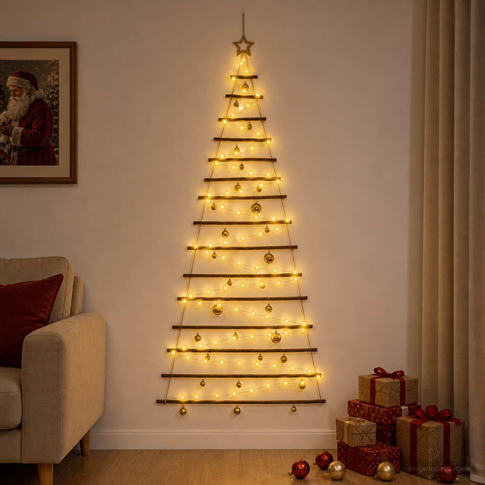 Albero di Natale appeso con palle 210 cm 130 LED Bianco caldo