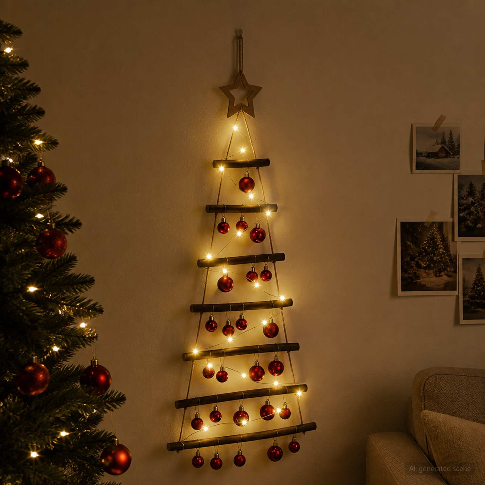 Albero di Natale appeso con palle 90 cm 30 LED Bianco caldo
