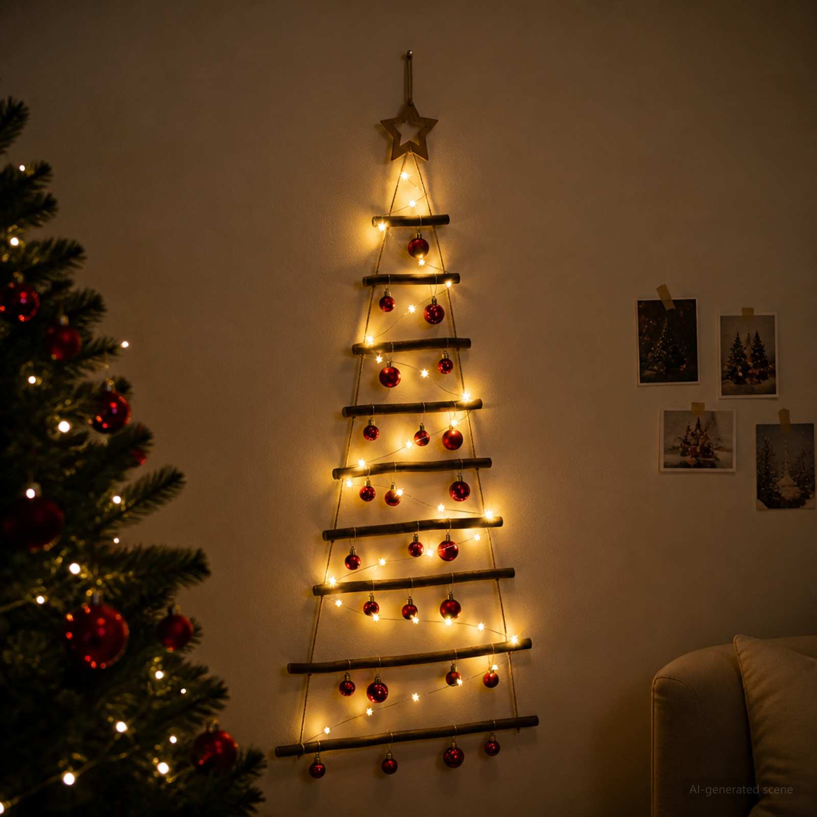 Albero di Natale appeso con palle 120 cm 50 LED Bianco caldo