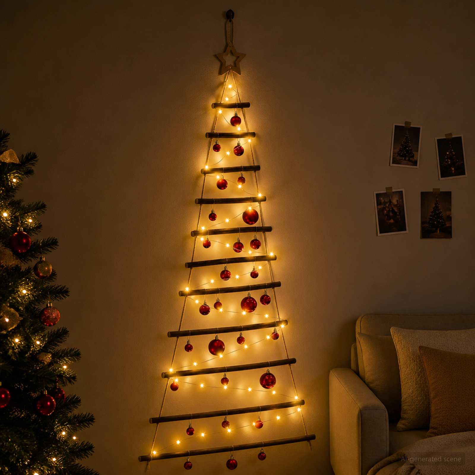 Albero di Natale appeso con palle 150 cm 80 LED Bianco caldo