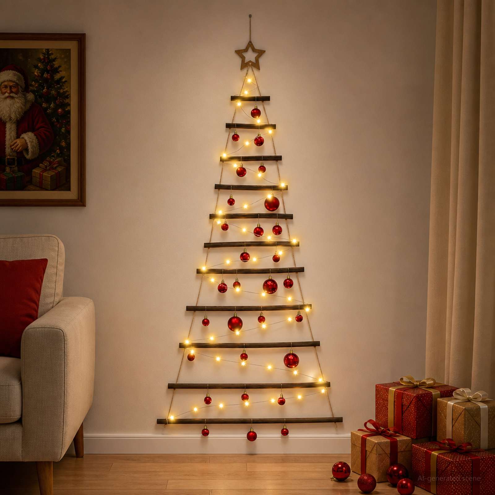 Albero di Natale appeso con palle 150 cm 80 LED Bianco caldo