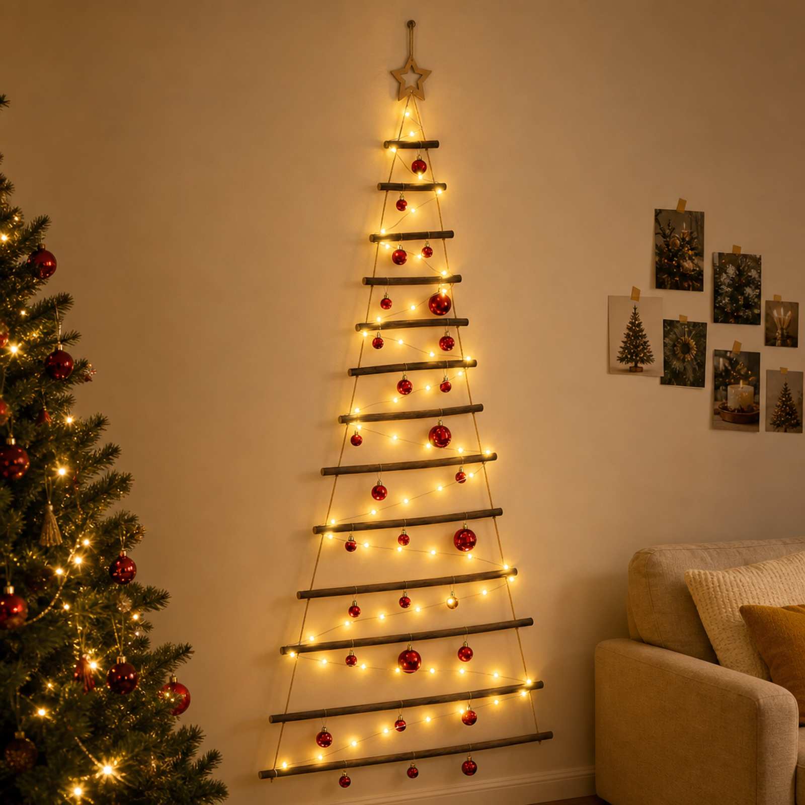 Albero di Natale appeso con palle 180 cm 100 LED Bianco caldo