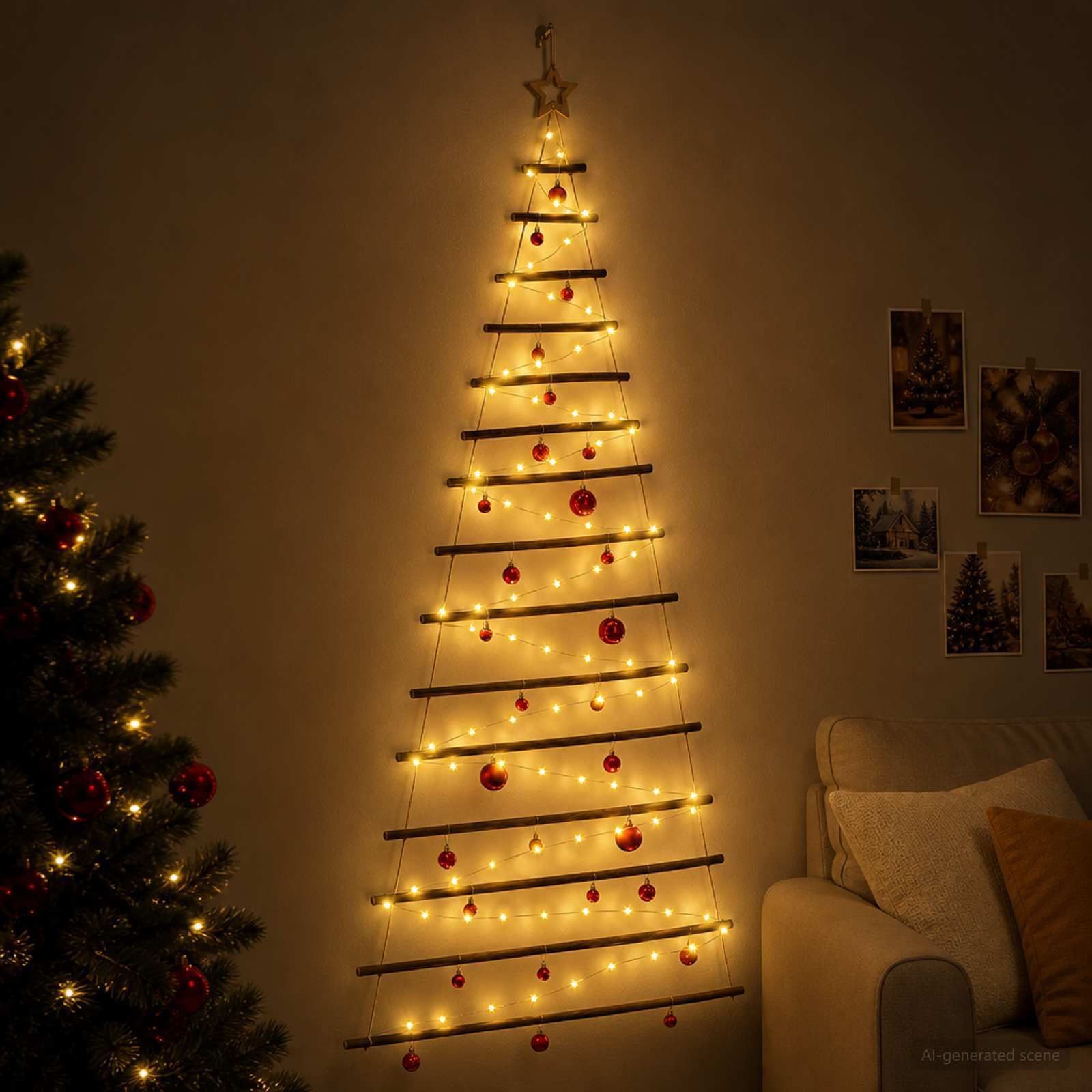 Albero di Natale appeso con palle 210 cm 130 LED Bianco caldo