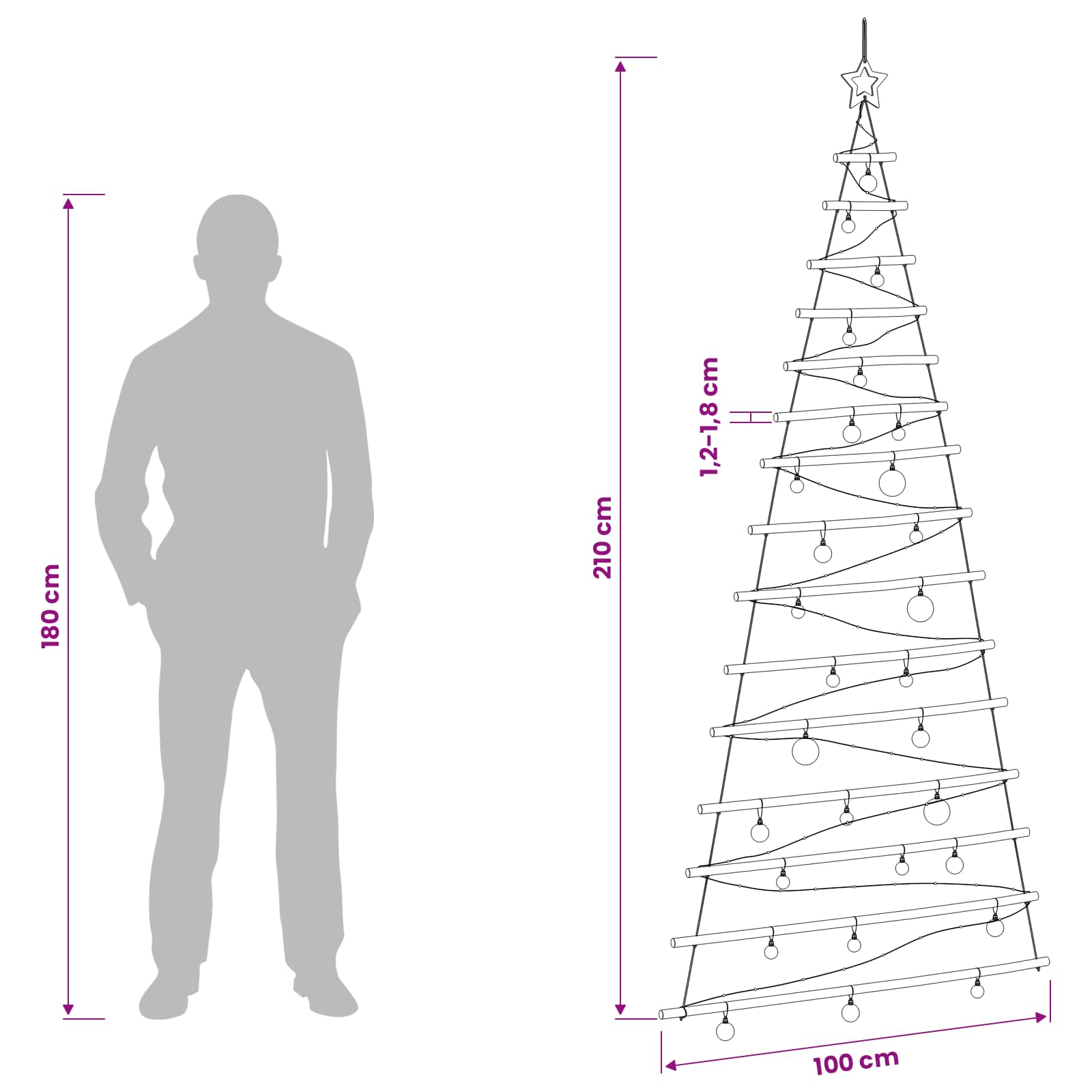 Albero di Natale appeso con palle 210 cm 130 LED Bianco caldo