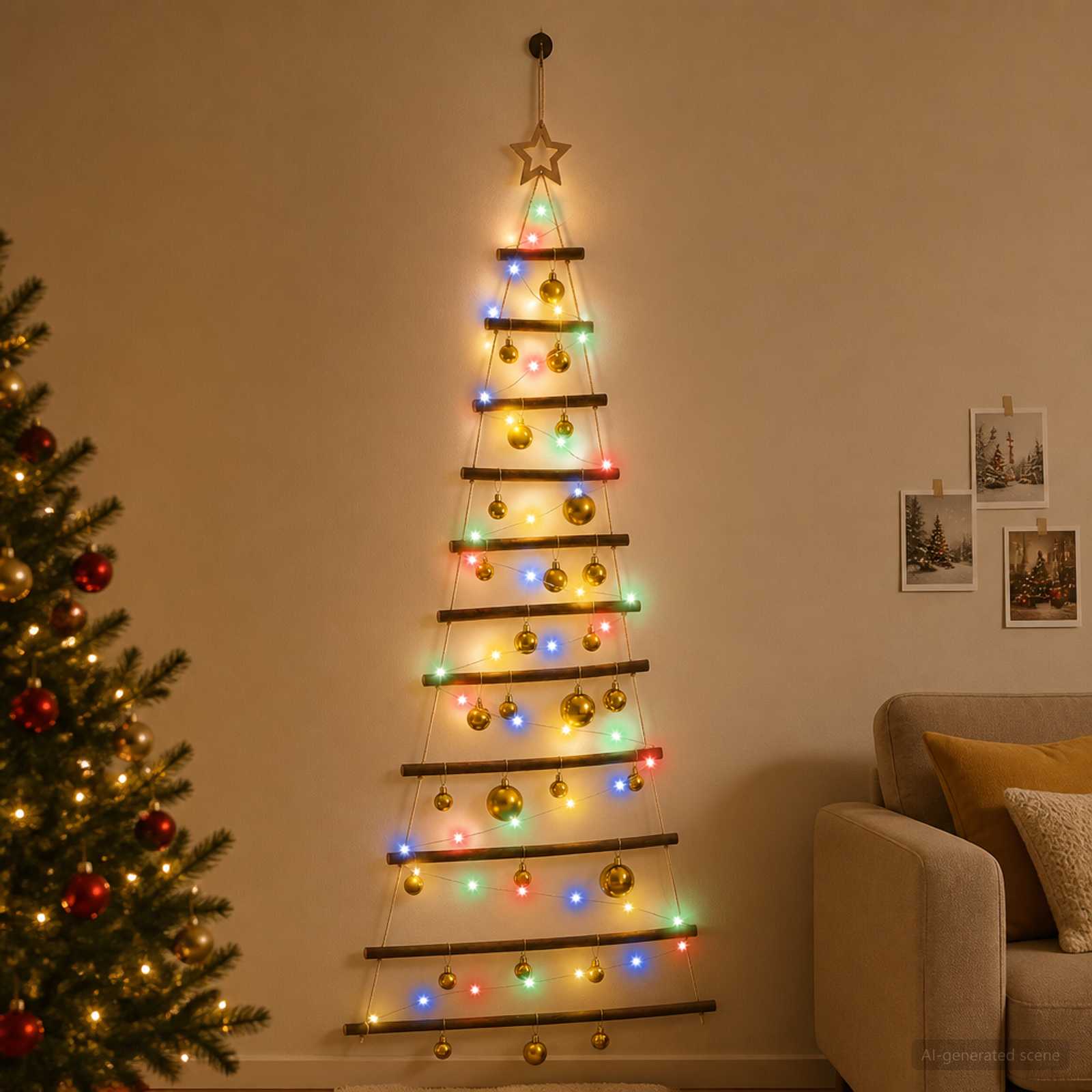 Albero di Natale appeso con palle 150 cm 80 LED Multicolore