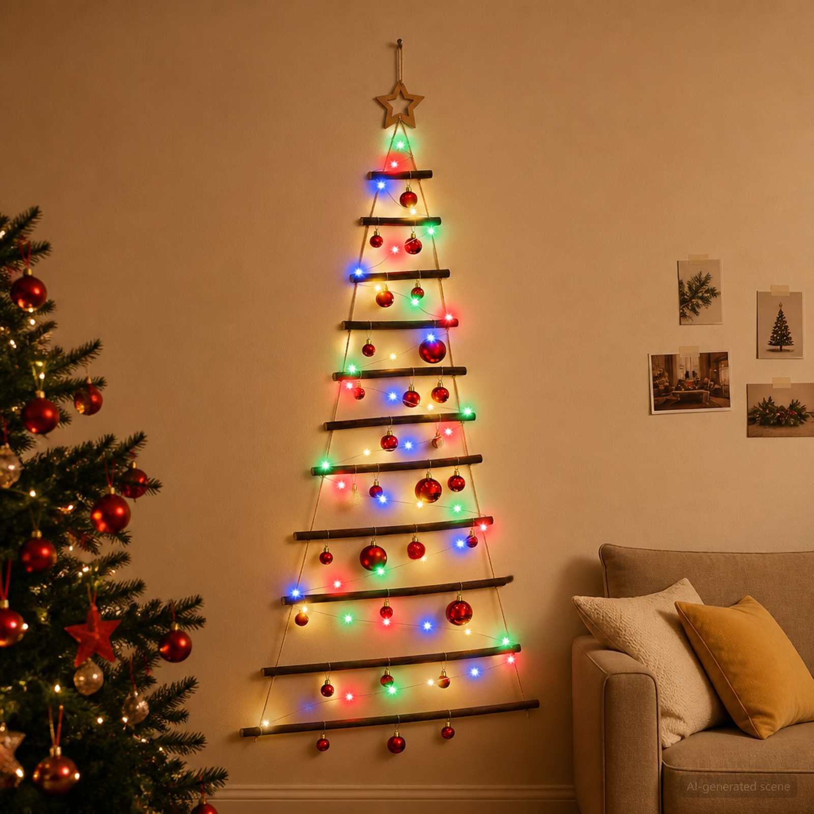 Albero di Natale appeso con palle 150 cm 80 LED Multicolore