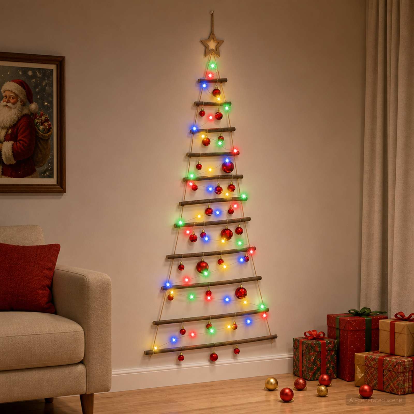 Albero di Natale appeso con palle 150 cm 80 LED Multicolore
