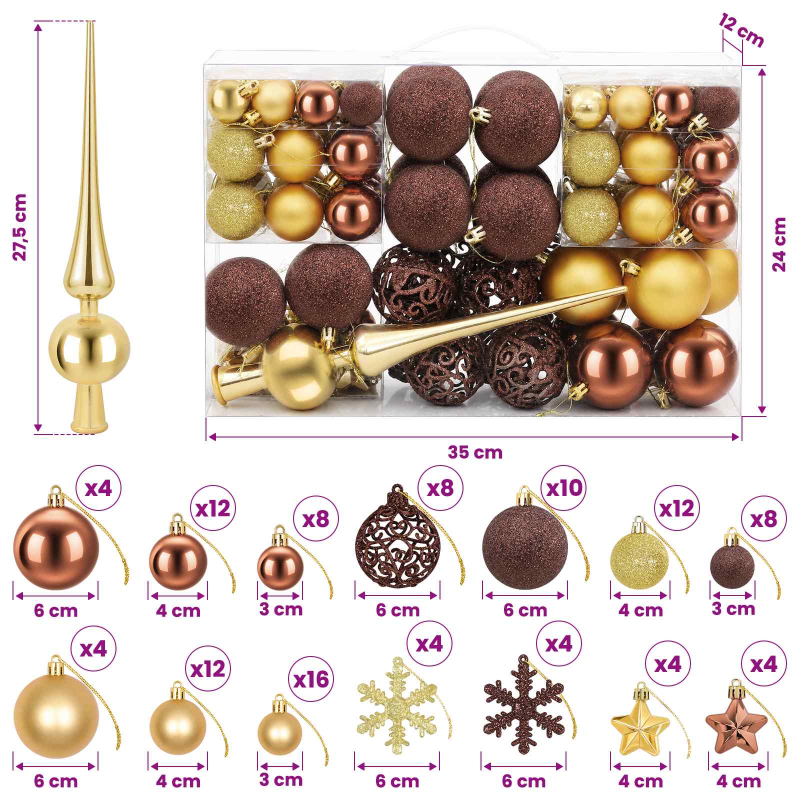 Set di Palline di Natale 111 pz Marrone e oro 6 cm Polistirolo