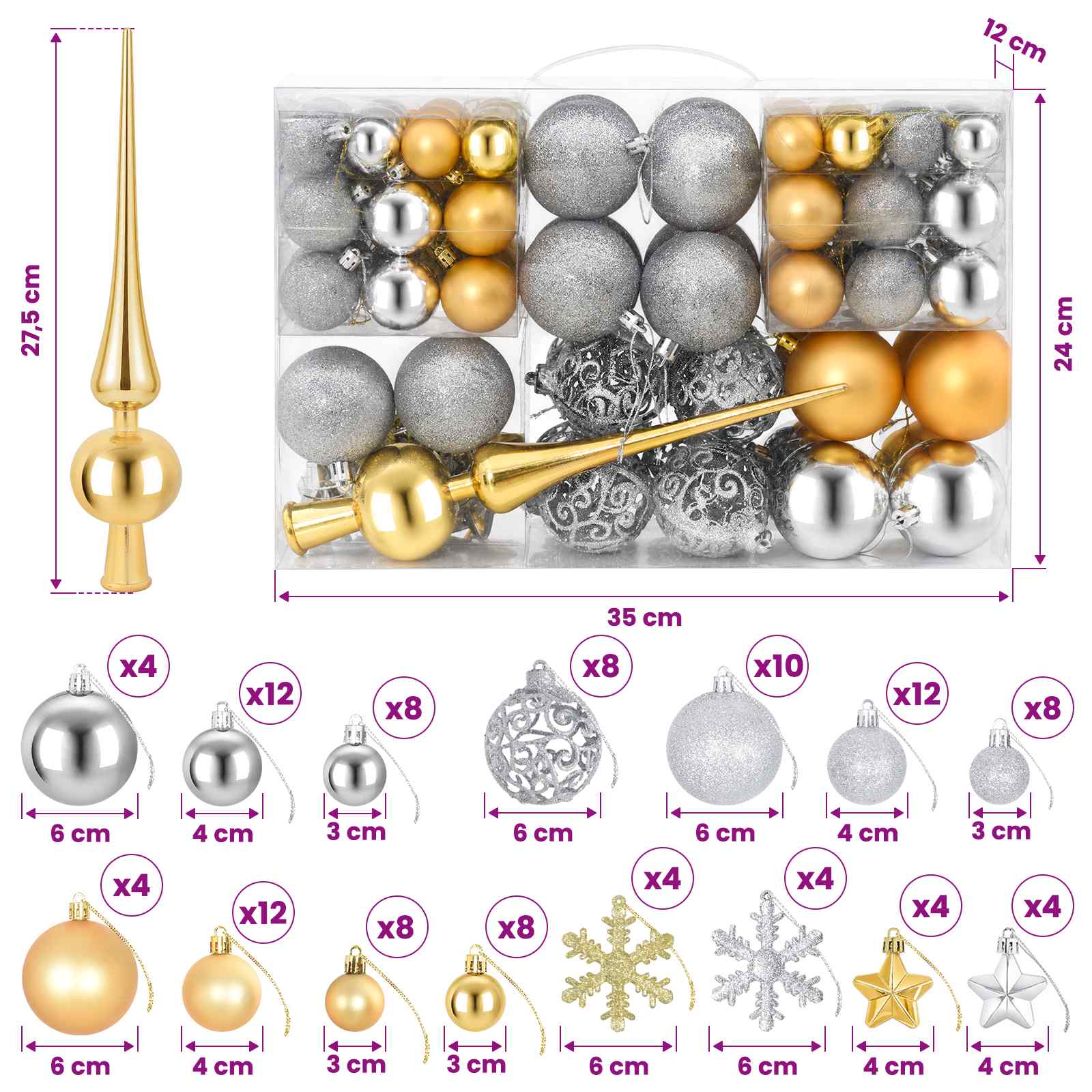 Set di Palline di Natale 111 pz Argento oro 6 cm Polistirolo