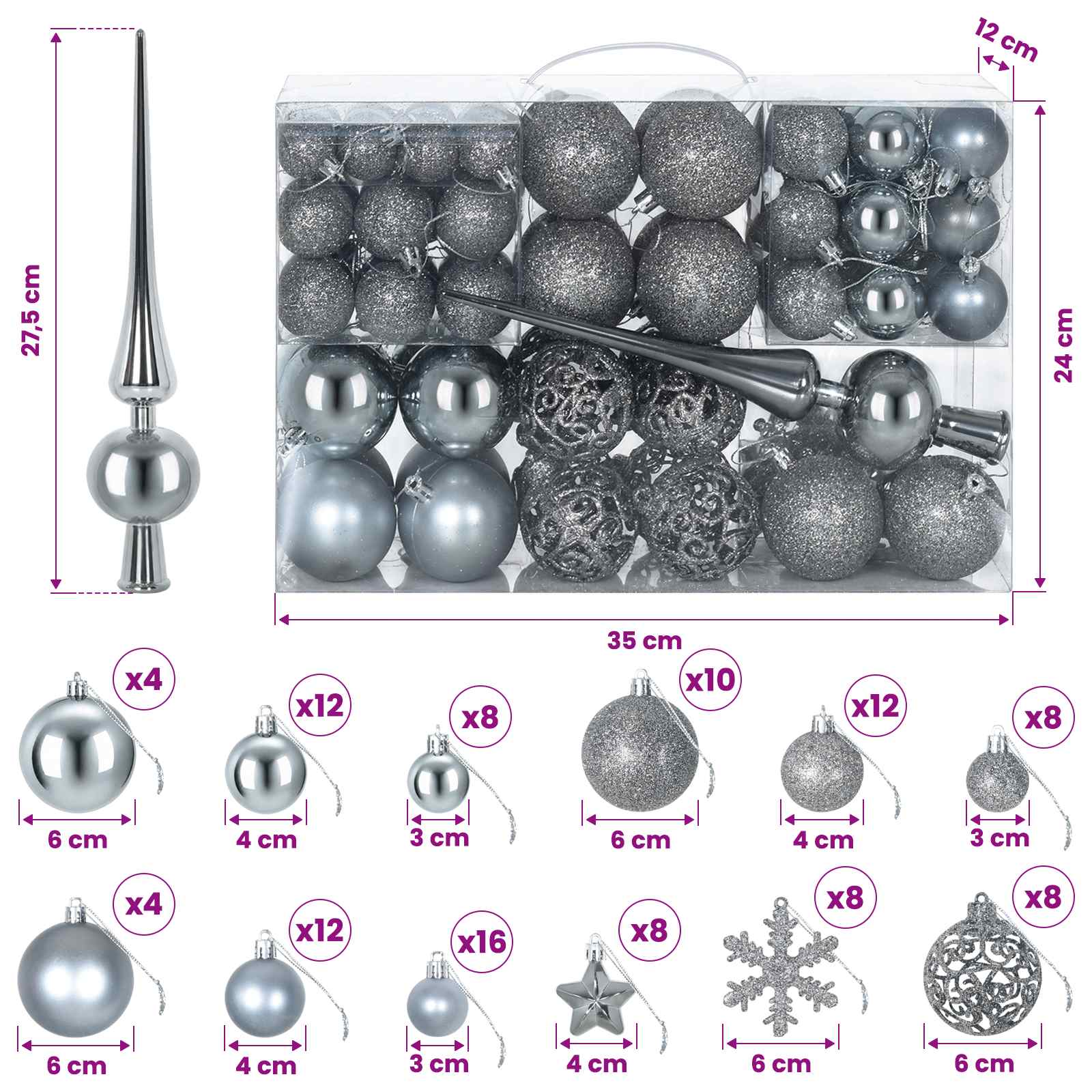 Set di Palline di Natale 111 pz Grigio 6 cm Polistirolo