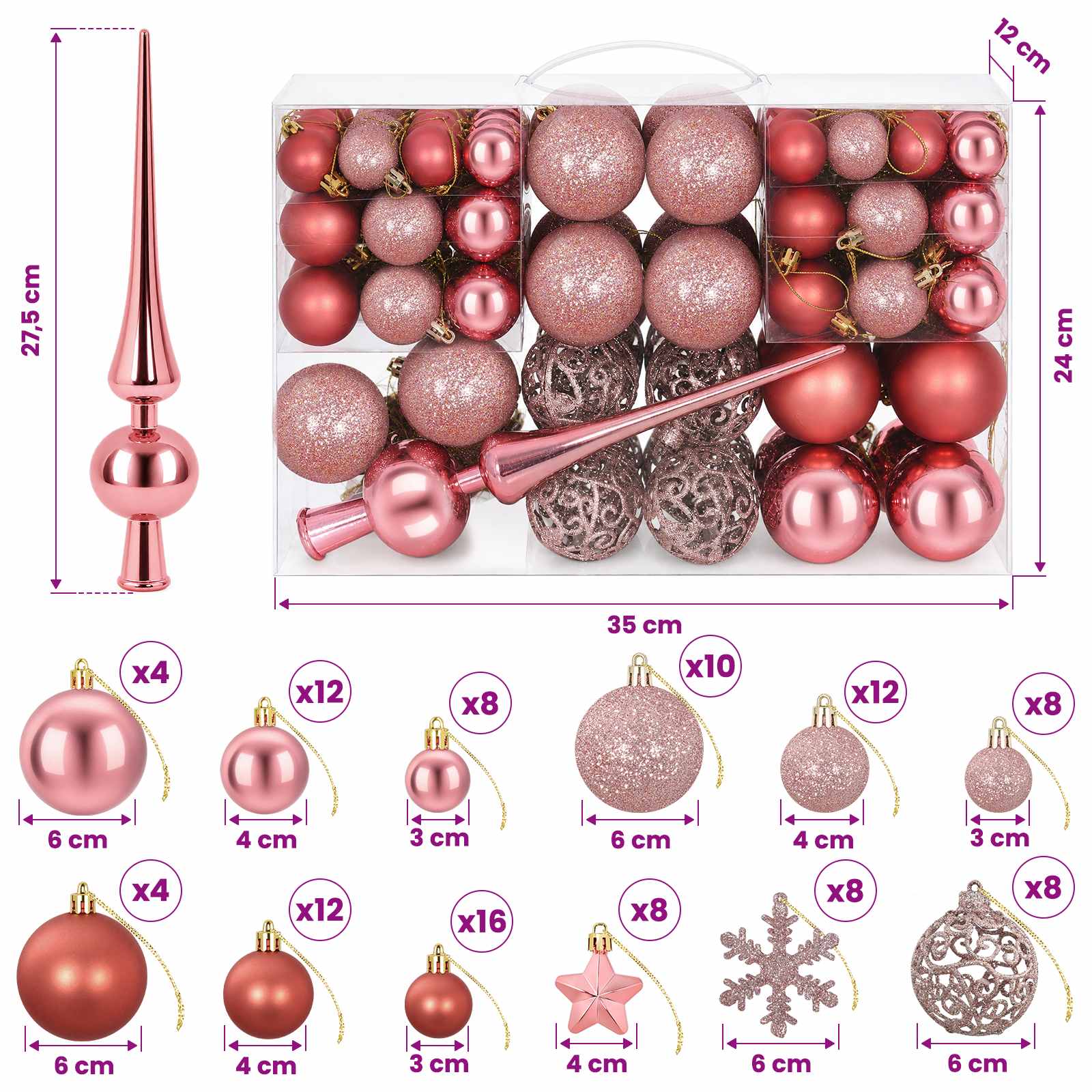 Set di Palline di Natale 111 pz Rosa antico 6 cm Polistirolo