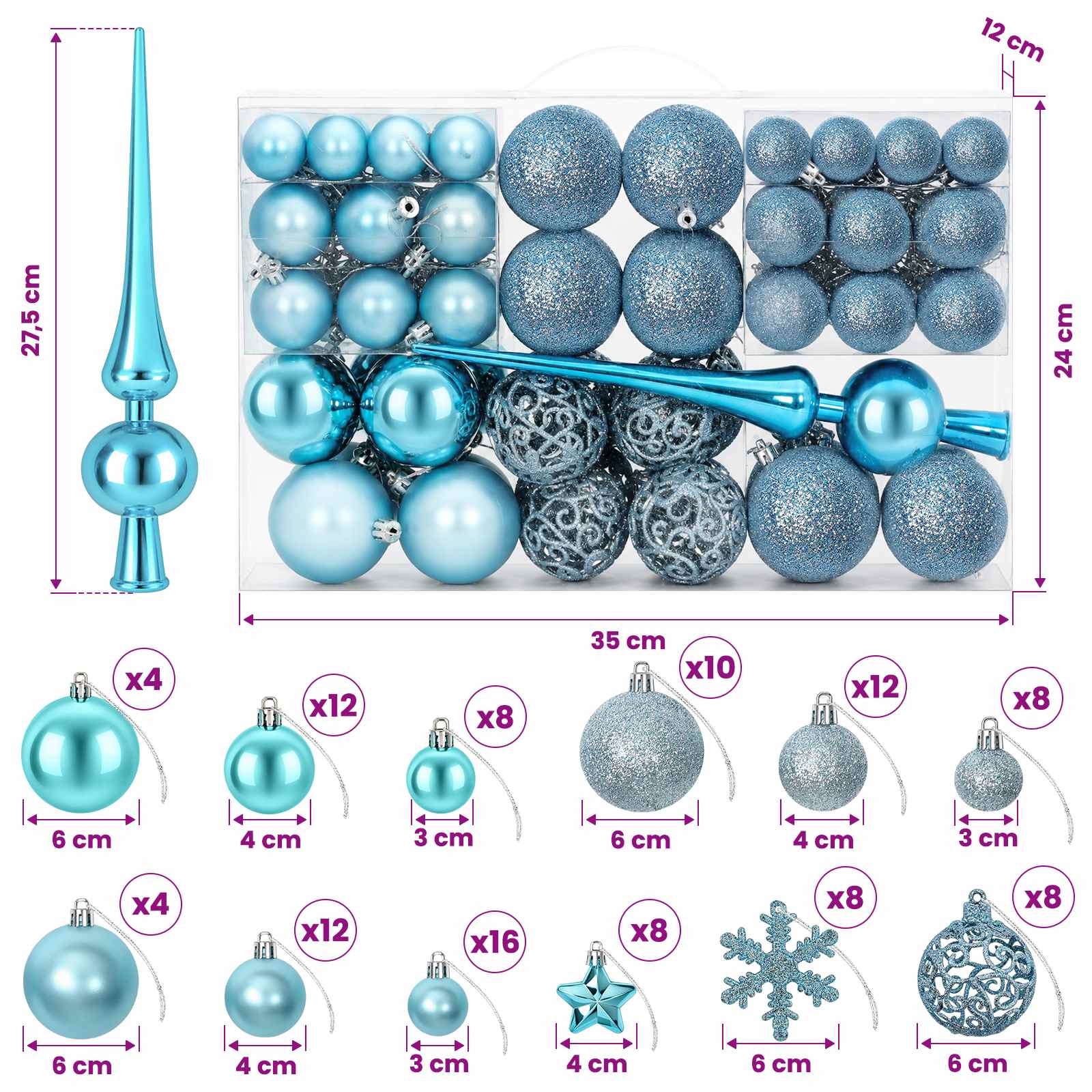 Set di Palline di Natale 111 pz Turchese 6 cm Polistirolo