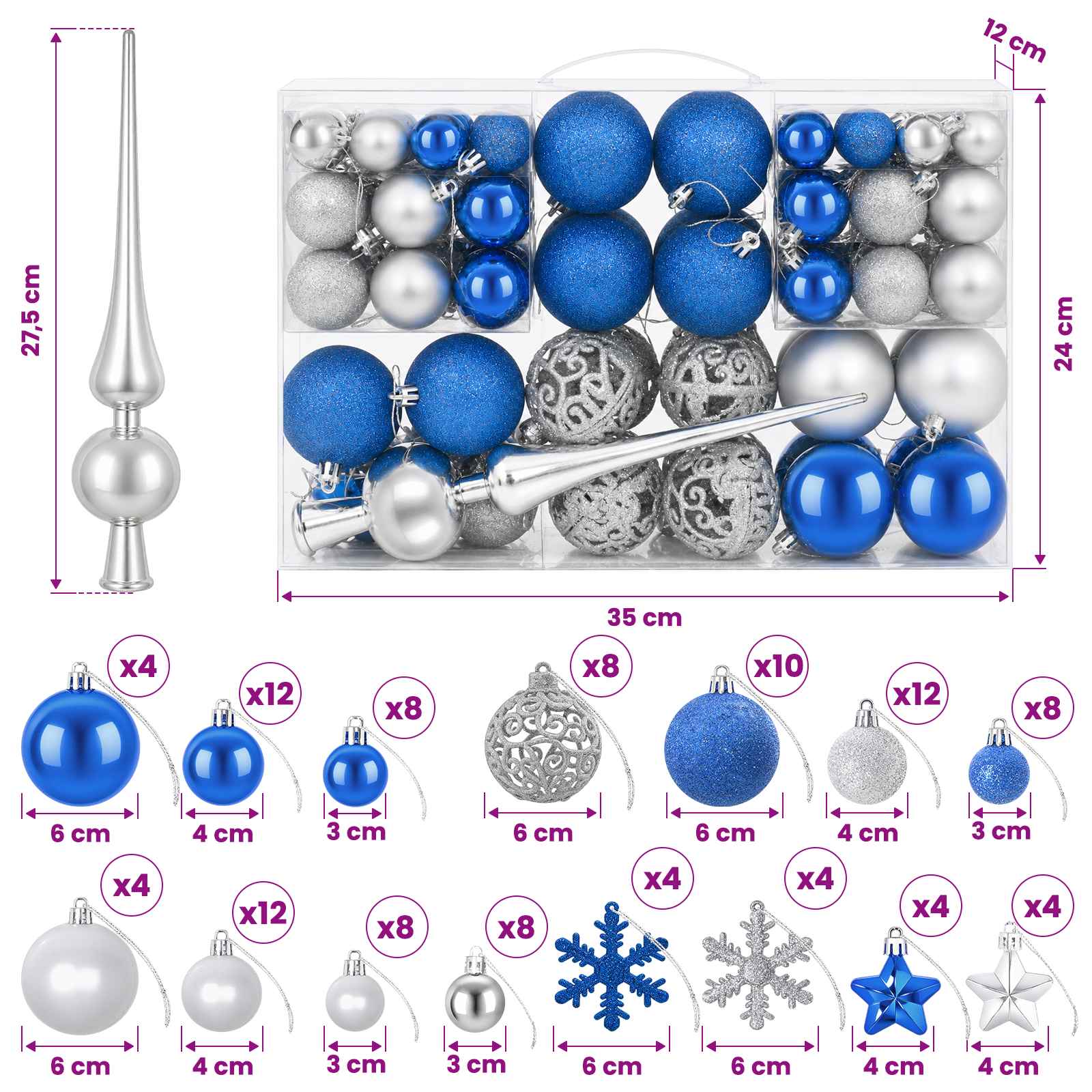 Set di Palline di Natale 111 pz Blu e argento 6 cm Polistirolo