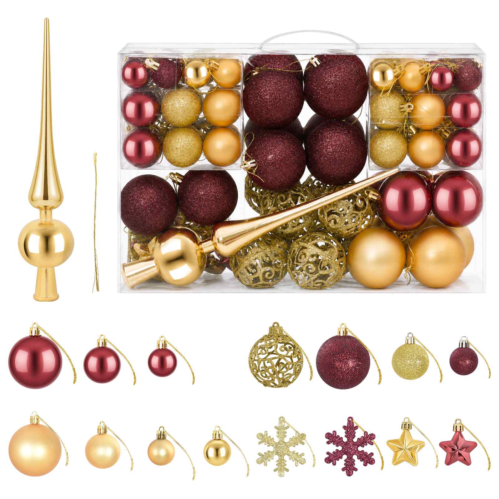 Set di Palline di Natale 111 pz Oro e rosso vino 6 cm