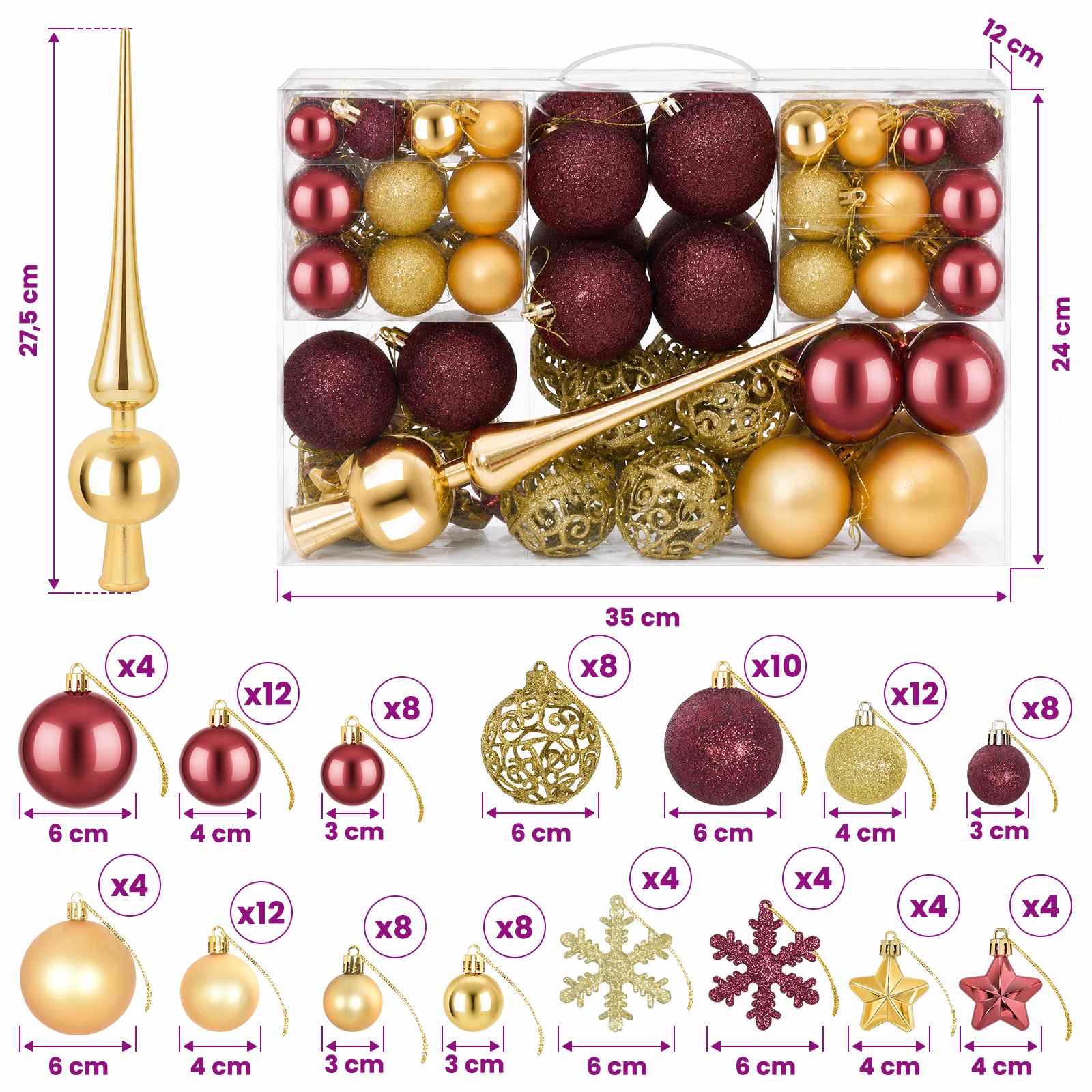 Set di Palline di Natale 111 pz Oro e rosso vino 6 cm
