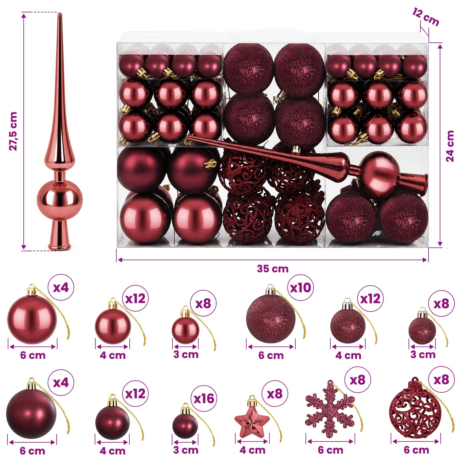 Set di Palline di Natale 111 pz Rosso Vino 6 cm Polistirolo