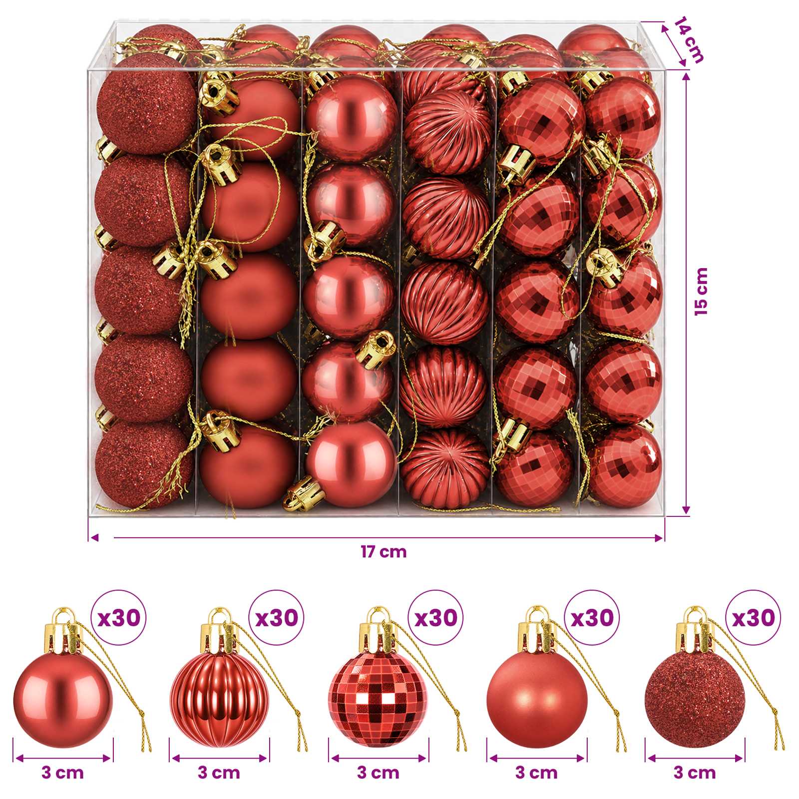 Set di Palline di Natale 150 pz Rosso 3 cm Polistirolo