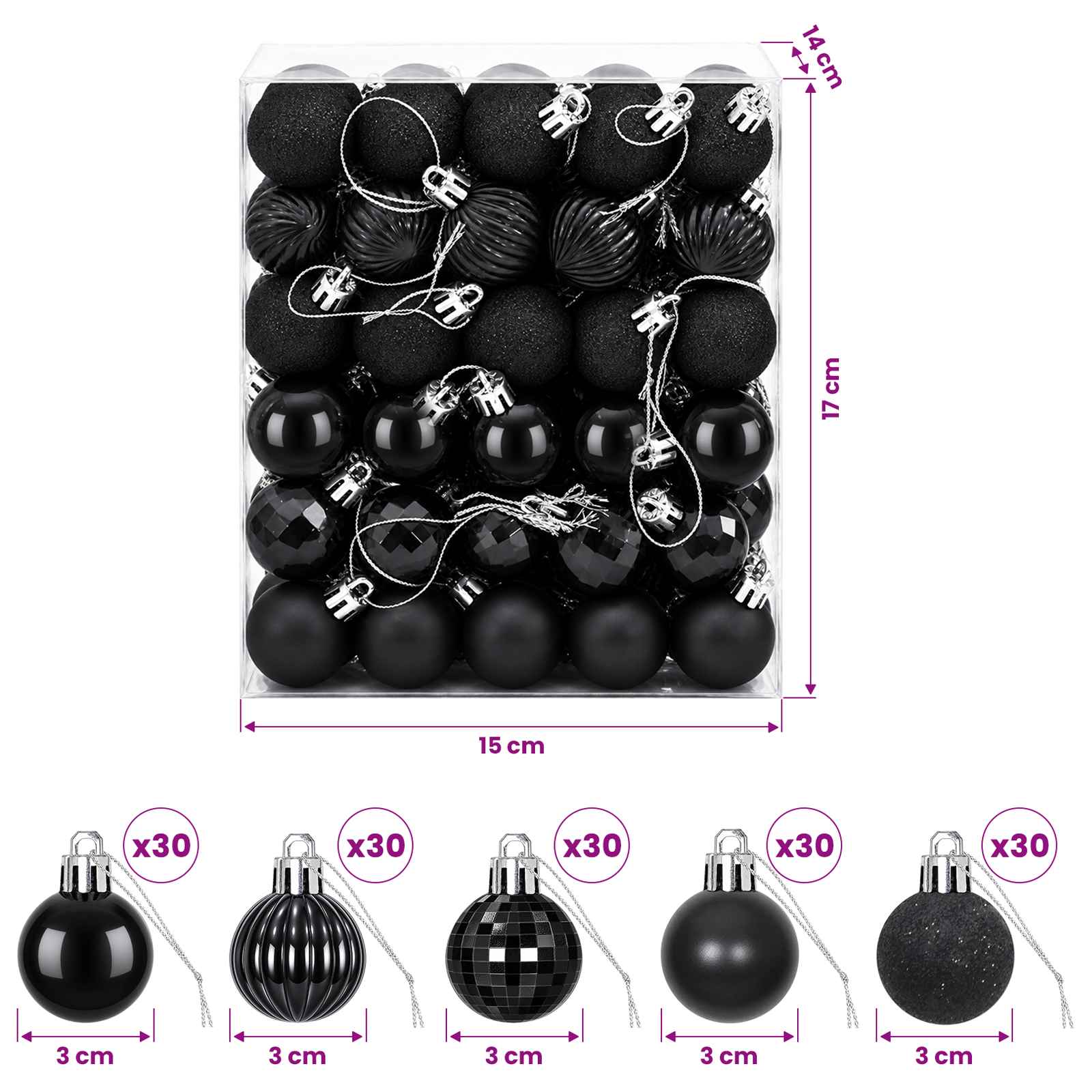 Set di Palline di Natale 150 pz Nero 3 cm Polistirolo