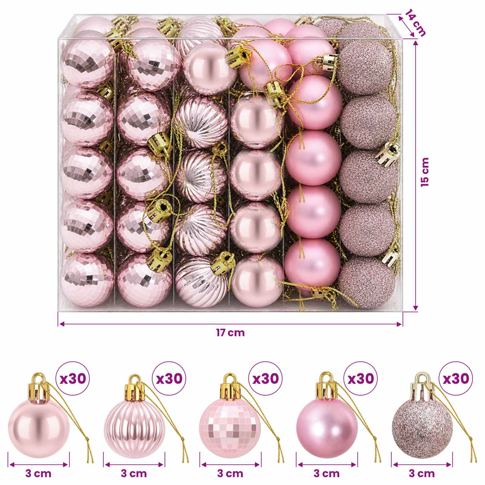 Set di Palline di Natale 150 pz Rosa 3 cm Polistirolo