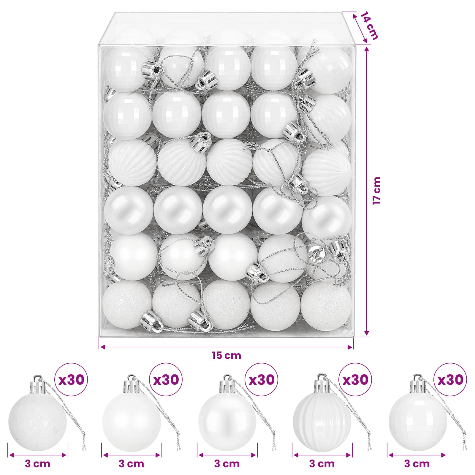 Set di Palline di Natale 150 pz Bianco 3 cm Polistirolo