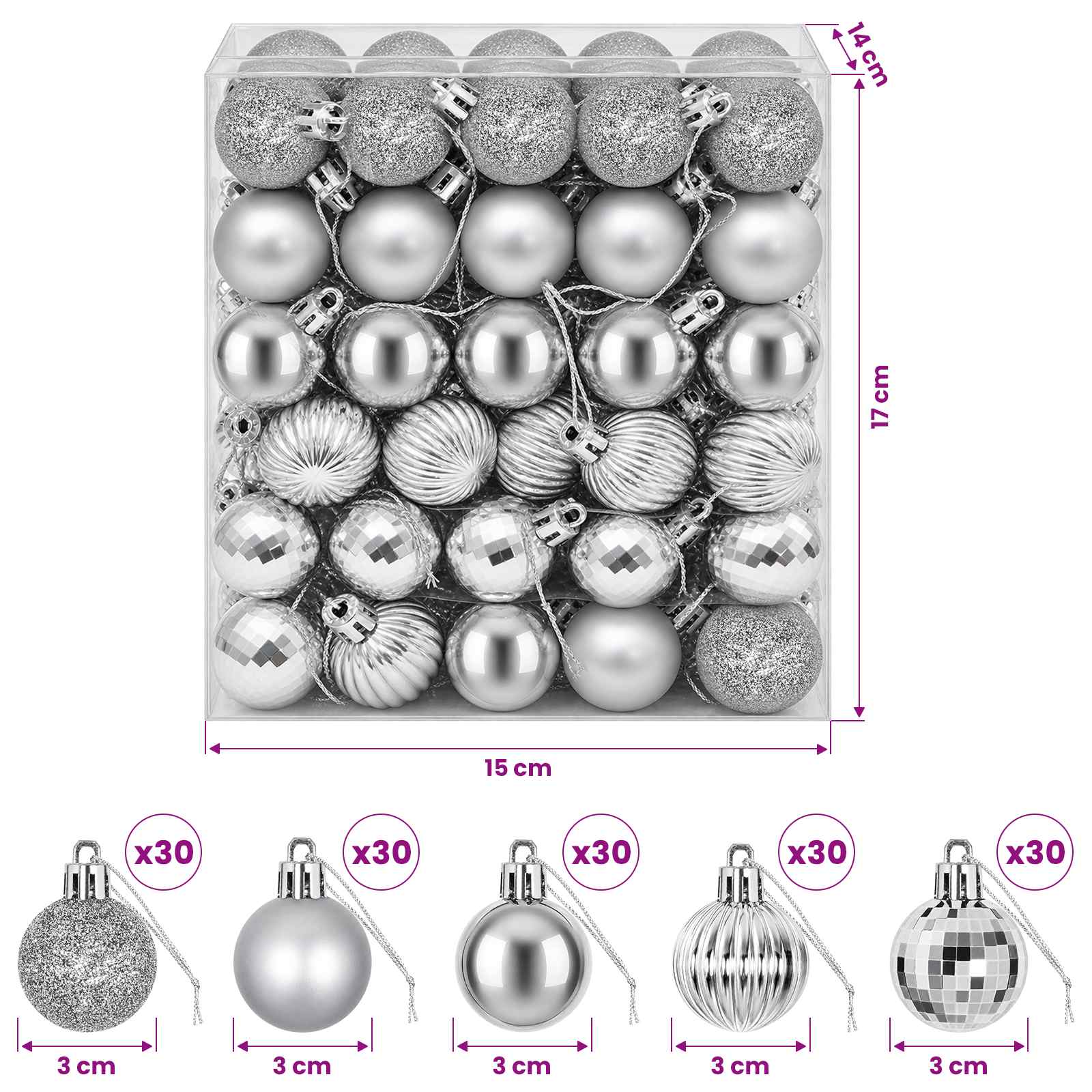 Set di Palline di Natale 150 pz Argento 3 cm Polistirolo