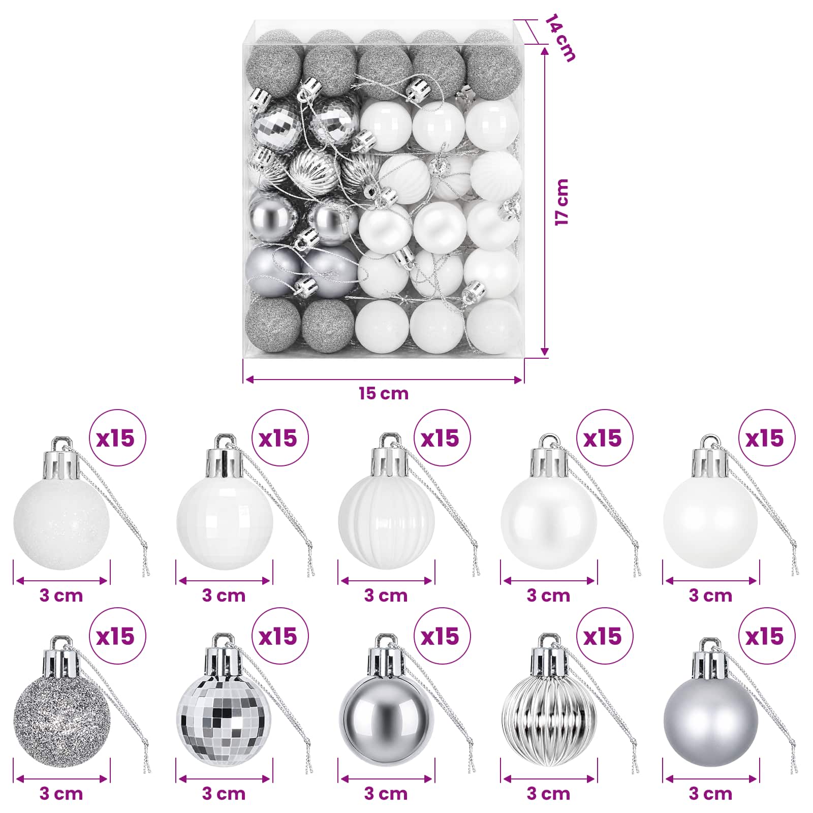 Set di Palline di Natale 150 pz Bianco e Grigio 3 cm