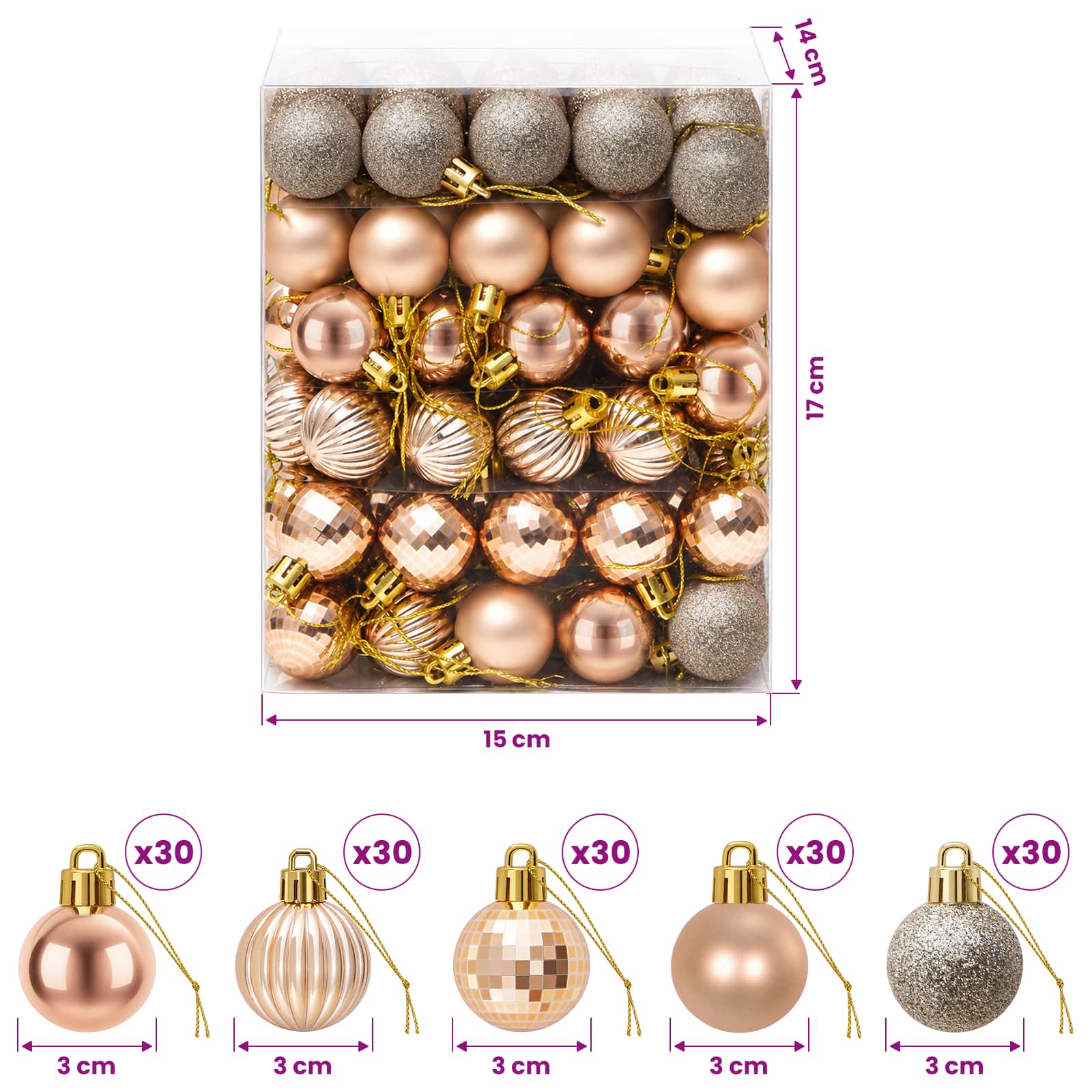 Set di Palline di Natale 150 pz Oro rosa 3 cm Polistirolo