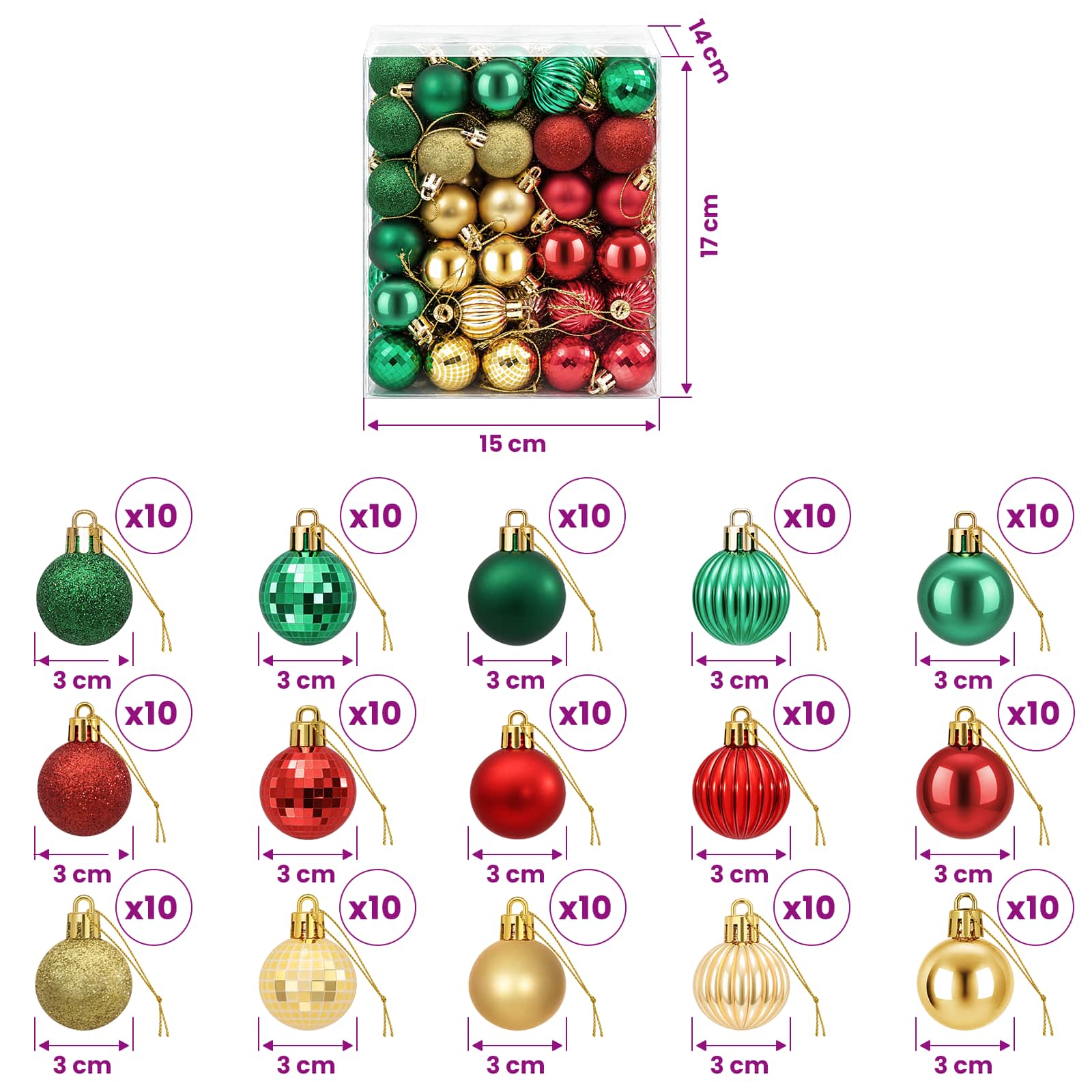 Set di Palline di Natale 150 pz Rosso, oro e verde 3 cm