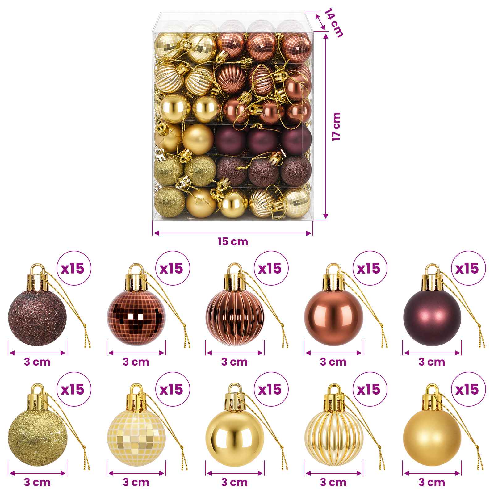 Set di Palline di Natale 150 pz Marrone e oro 3 cm Polistirolo