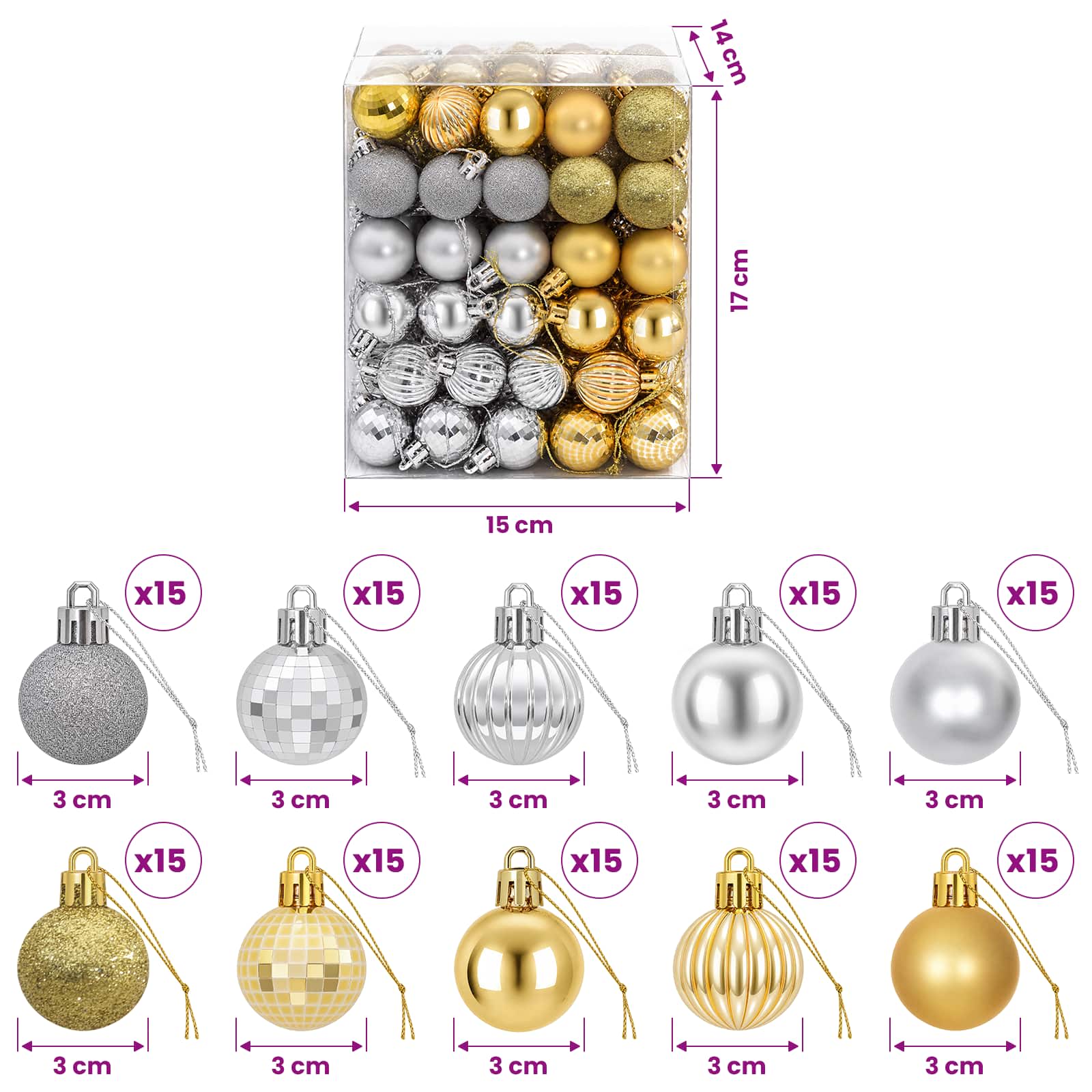 Set di Palline di Natale 150 pz Argento e oro 3 cm Polistirolo