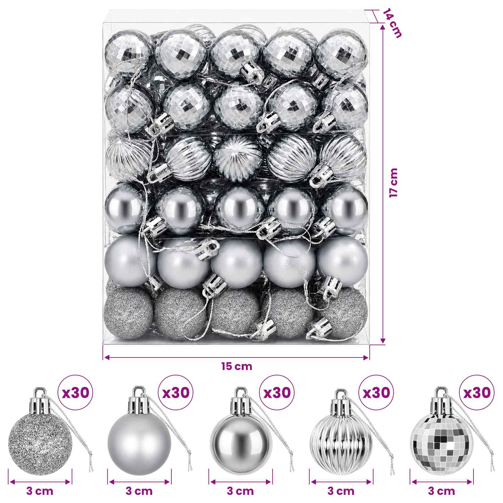 Set di Palline di Natale 150 pz Grigio 3 cm Polistirolo