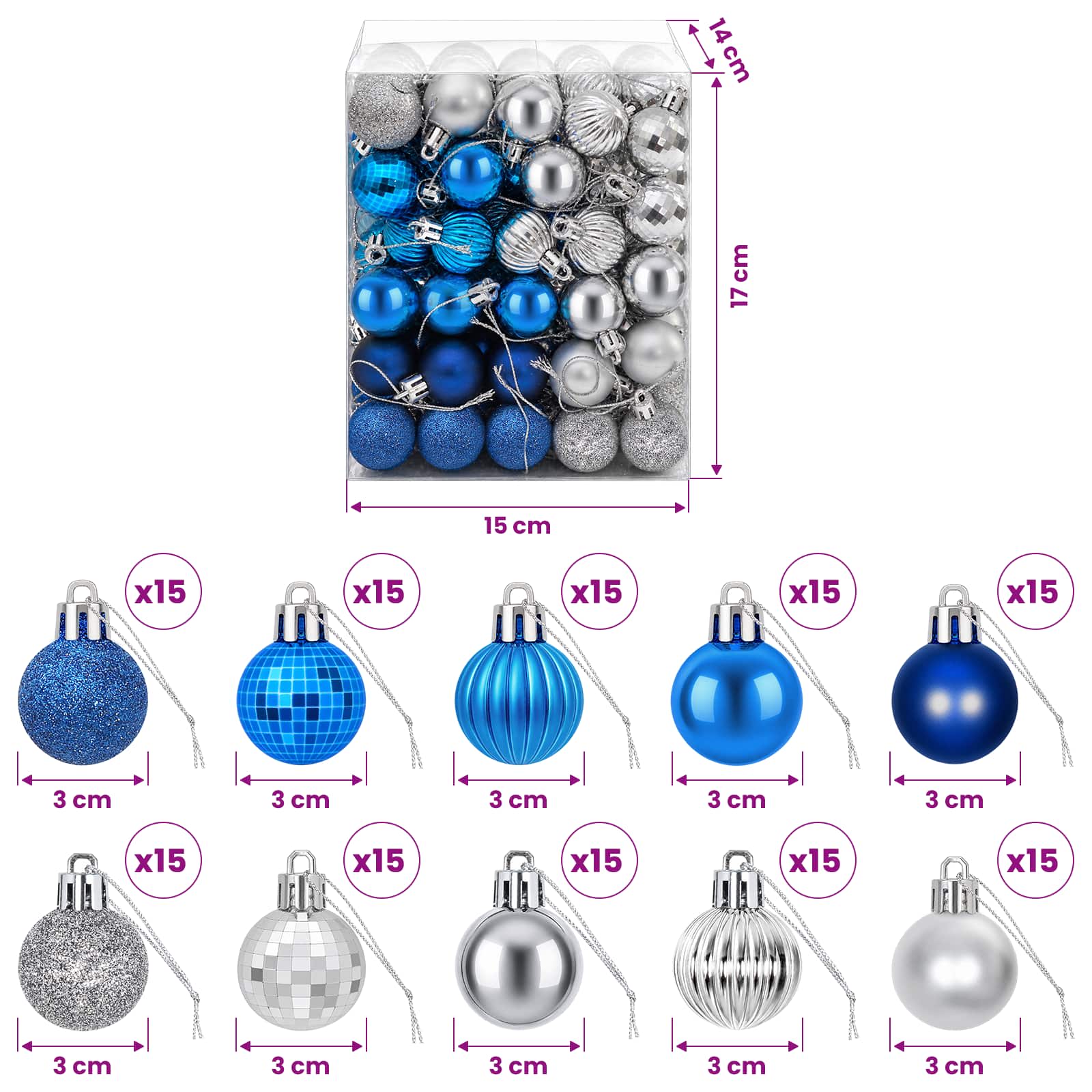 Set di Palline di Natale 150 pz Blu e argento 3 cm Polistirolo