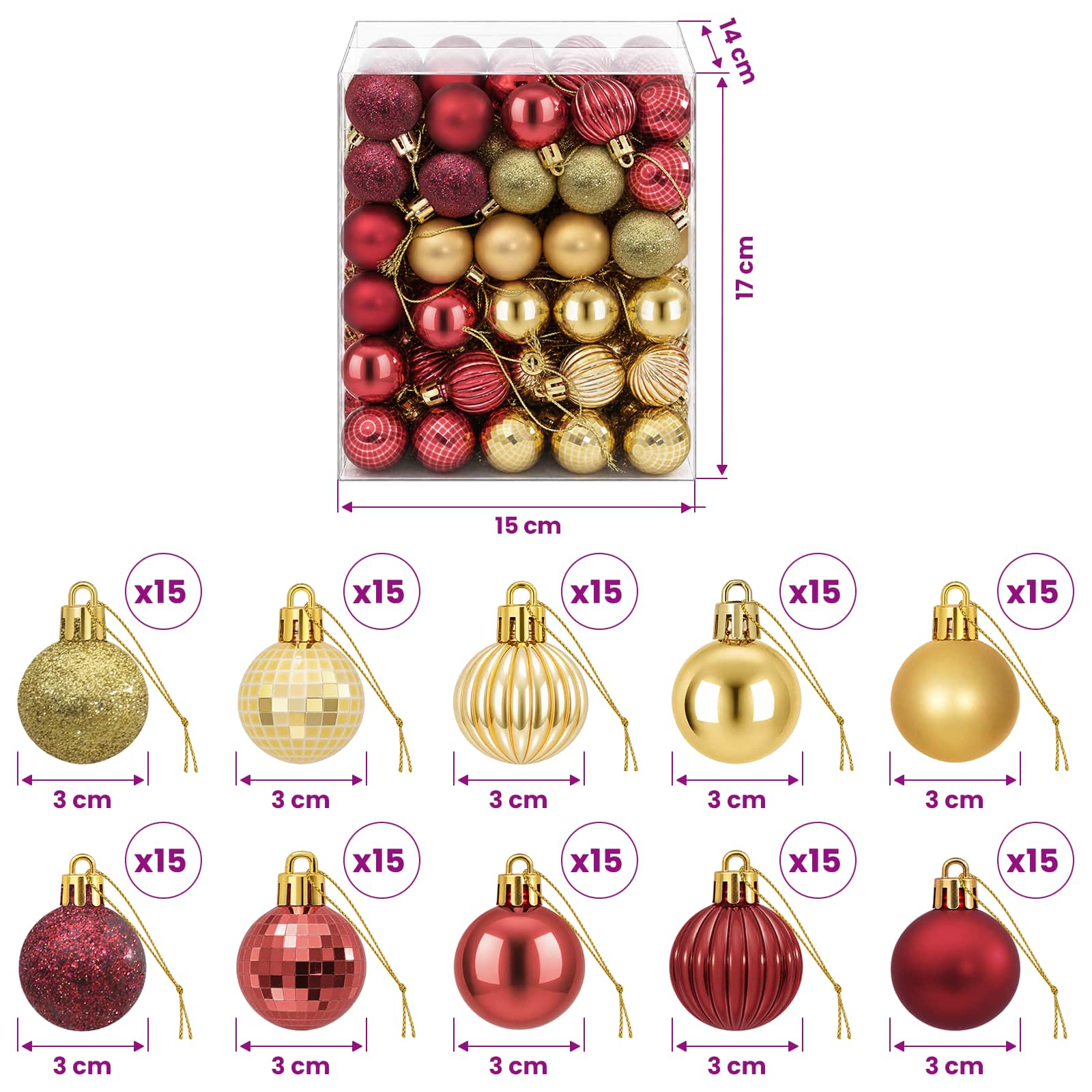 Set di Palline di Natale 150 pz Oro e rosso vino 3 cm