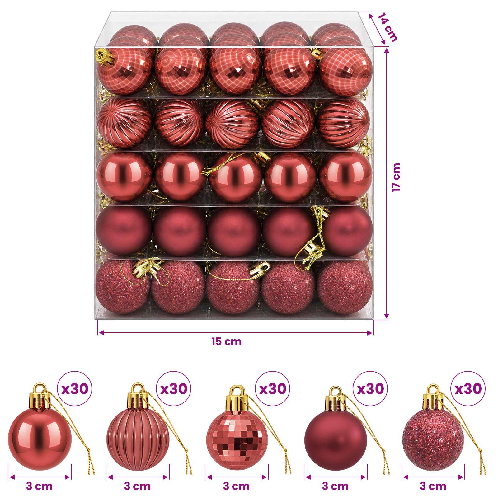 Set di Palline di Natale 150 pz Rosso Vino 3 cm Polistirolo