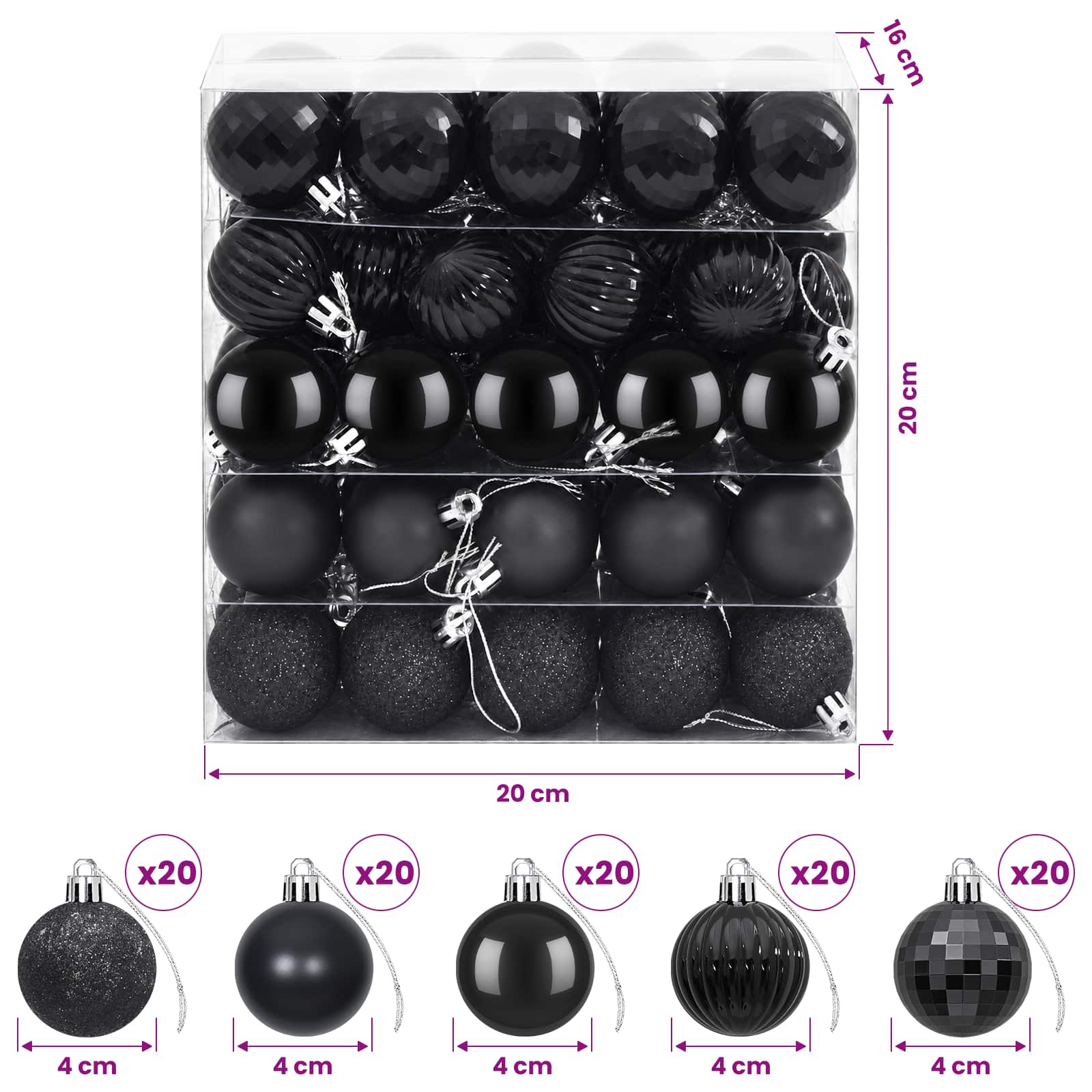 Set di Palline di Natale 100 pz Nero 4 cm Polistirolo