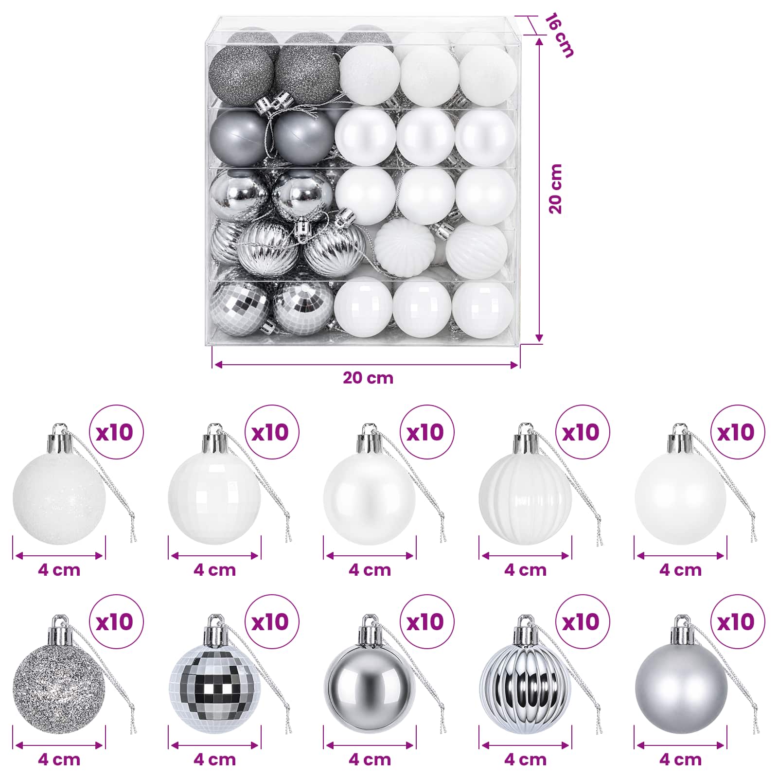Set di Palline di Natale 100 pz Bianco e Grigio 4 cm