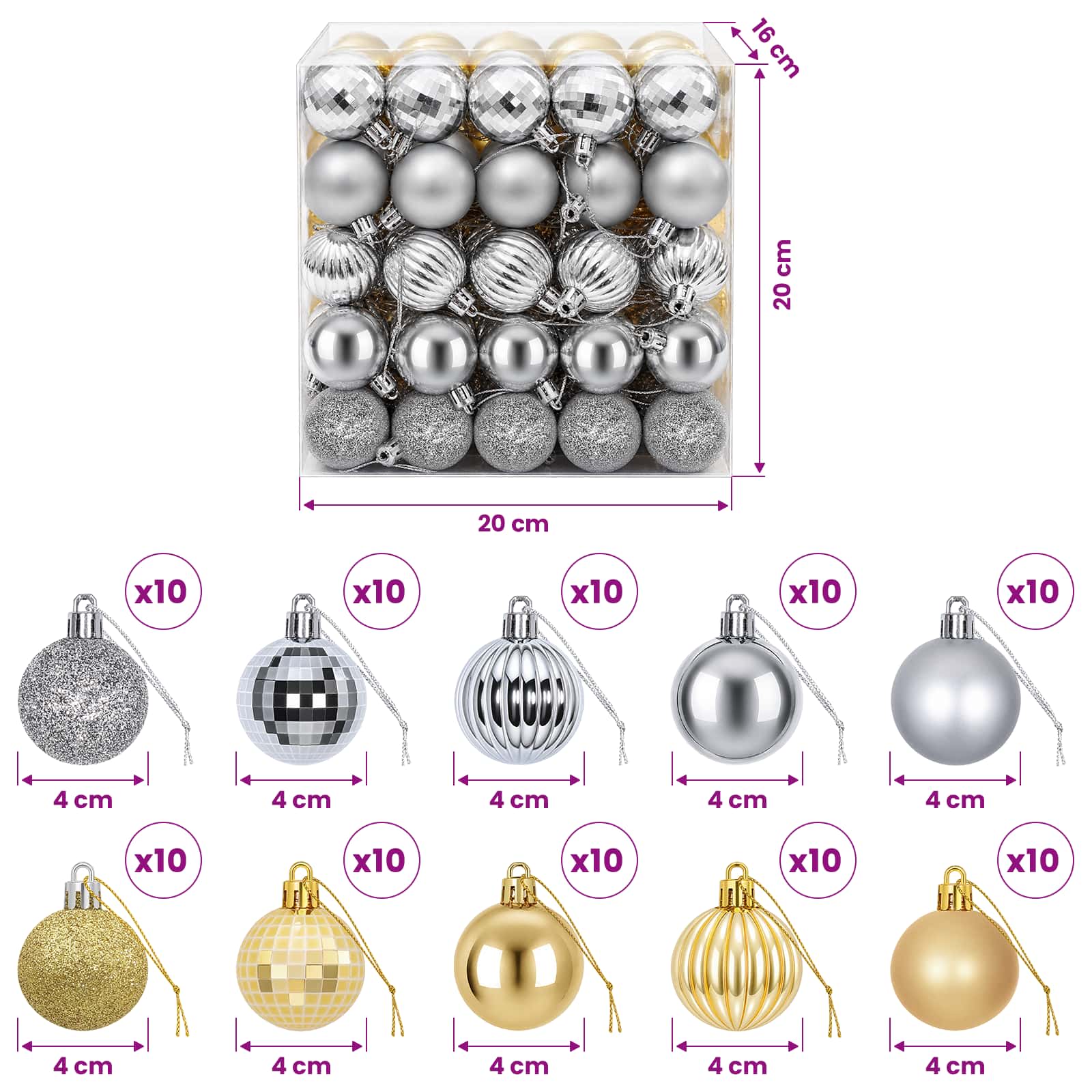 Set di Palline di Natale 100 pz Argento e oro 4 cm Polistirolo