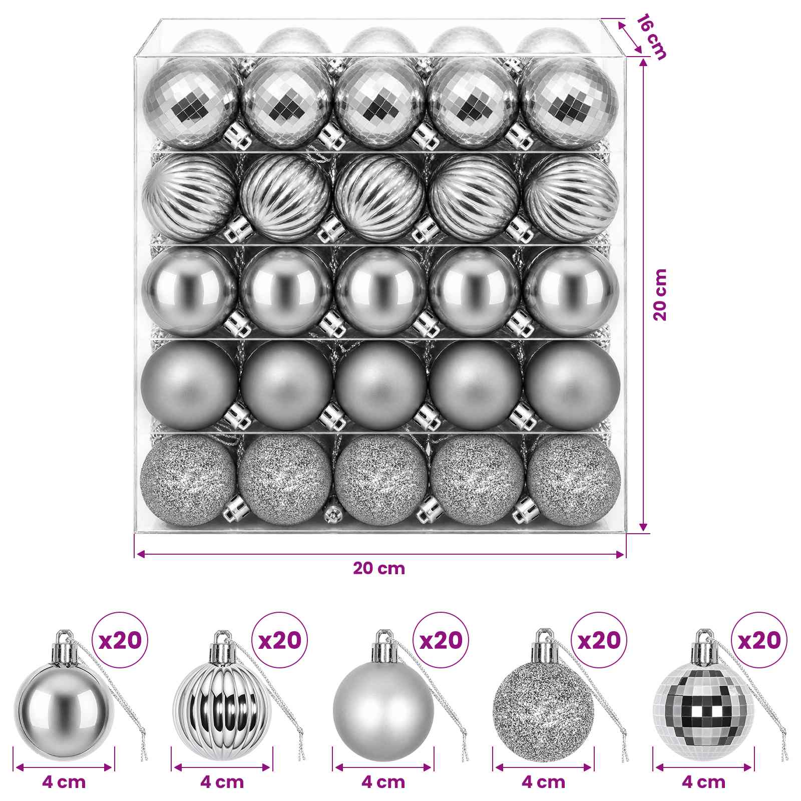 Set di Palline di Natale 100 pz Grigio 4 cm Polistirolo