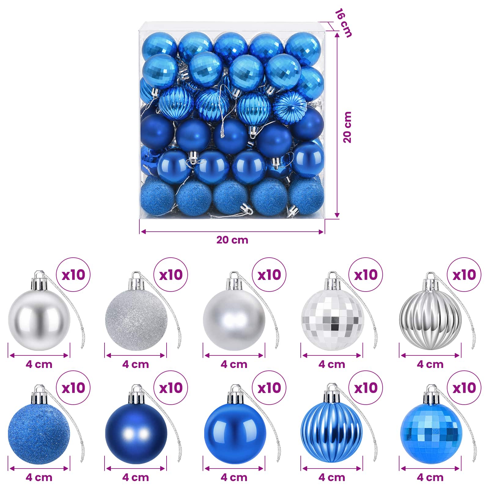 Set di Palline di Natale 100 pz Blu e argento 4 cm Polistirolo
